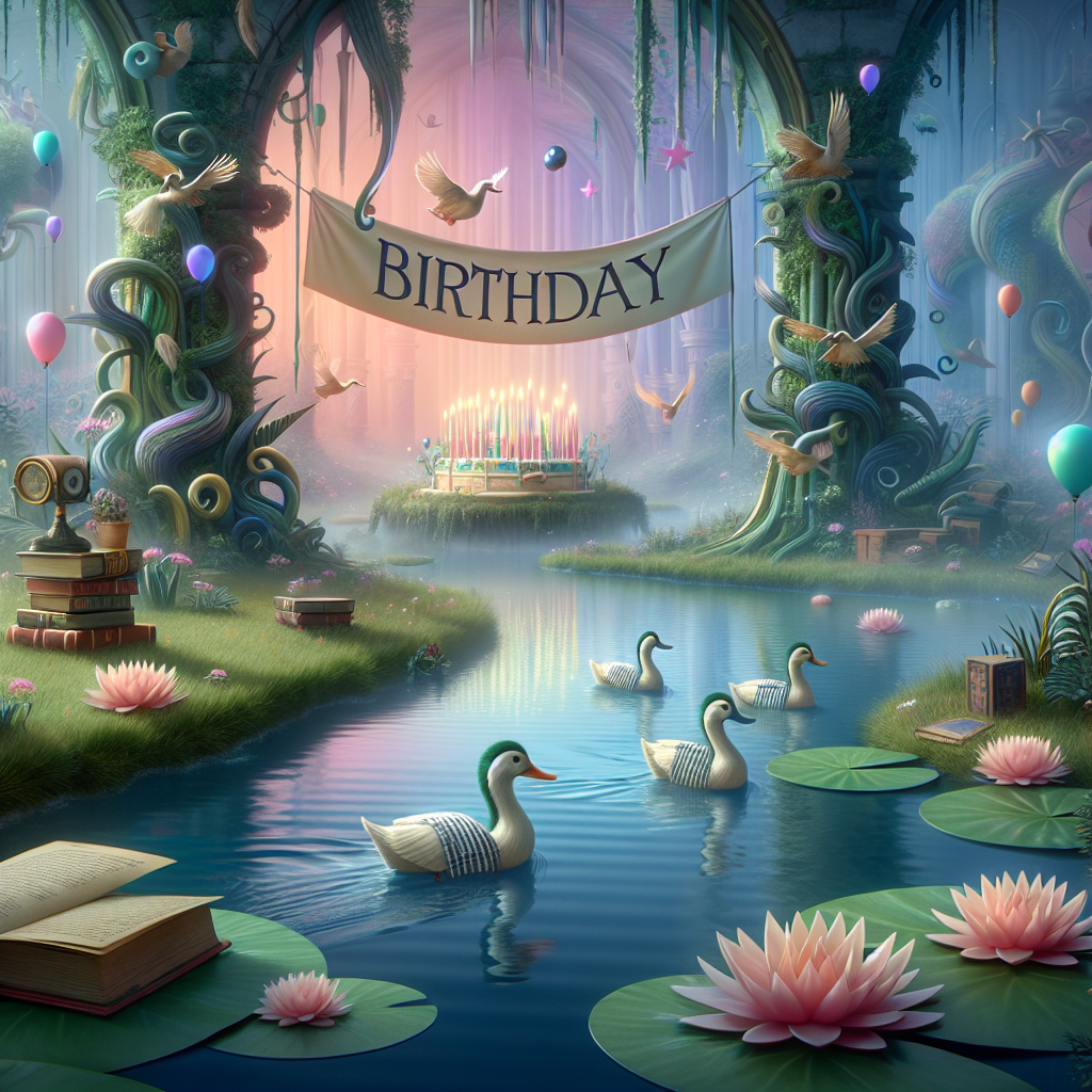 Imagine a dreamlike birthday scene with fantastical, whimsical plants forming archways over a tranquil pond. Ducks, playfully adorned in striped scarves reminiscent of a popular wizarding tale, float on lily pads. Above, ancient books and mystery tools float, casting a mesmerizing glow over the entire scene. Look at a birthday banner with an ambiguous, mystical symbol swaying gently in an uncanny breeze.
Generated with these themes: Ducks, Plants, and Harry Potter .
Made with ❤️ by AI.