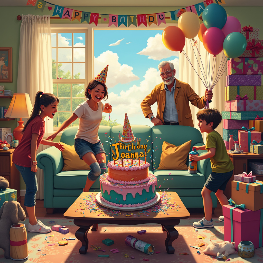 In the foreground of the scene, we have a lively, cluttered living room that has been overtaken by a birthday celebration in full swing. The central focus is on a large, vibrant birthday cake sitting on a coffee table. The cake is multi-tiered, decorated with colorful icing, and features a big, bold "Happy Birthday Joanna!" written with frosting on the top tier.

To the left of the cake, we see Joanna, depicted as a cheerful, busy mom. She is holding a vacuum cleaner, but it’s comically clogged with streamers and confetti, showing that the birthday chaos has taken over her cleaning duties. Her face is lit up with laughter, and she is wearing a party hat that’s slightly askew.

Surrounding Joanna are her children, adding to the whimsical mess. One child is holding a balloon shaped like a mop, giggling as they try to “clean” with it. Another child is enthusiastically spraying a can of silly string, inadvertently adding more mess to the room.

In the background, we see Joanna's dad, an elderly gentleman with a kind face, sitting on the couch. He is wearing a festive party hat and is trying to untangle a mess of party lights, which are glowing with soft, multicolored hues. His expression is one of gentle amusement as he watches the lively scene unfold.

To the right of the scene, Joanna’s brother is seen carrying an enormous stack of presents, almost comically tall, so tall that his face is obscured by the gifts. Each present is wrapped in brightly colored paper with intricate patterns, and they’re topped with oversized bows.

The living room itself is decorated festively, with banners hanging from the ceiling, one of which reads “Happy Birthday Joanna” in colorful letters. Balloons of various shapes and sizes float around the room, some tied to furniture and others drifting freely.

A family pet, perhaps a dog with a birthday hat on its head, is joyfully running through the scene, adding an extra layer of chaos and fun. The background through the windows shows a sunny day with fluffy clouds spelling out “Joanna” in a whimsical, almost magical manner, giving the whole scene an enchanted feel.

Every element in the scene is drawn with a touch of humor and affection, with exaggerated expressions and playful interactions that create a dynamic, engaging visual story that perfectly blends the themes of birthday celebration, cleaning, and family.
Generated with these themes: Cleaning, Her children , Her dad, and Her brother .
Made with ❤️ by AI.