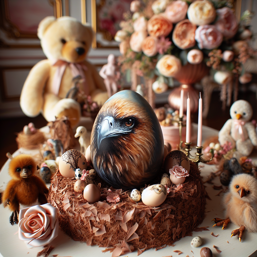 Picture an enchanting birthday setup, it's full of charm and meticulously arranged. Life-like plush animals are scattered across the room along with realistic flower arrangements in soft hues, contributing to the overall warming vibe of the birthday. However, there's an unusual element in the room—an intricately painted egg, placed atop a nest composed of chocolate shavings. The egg's surface is painted with features that are captivating yet have an uncanny resemblance to a reserved, maestro criminal. Its subtle, chilling influence appears to contrast against the otherwise charming decor, subtly influencing the atmosphere of the celebrations.
Generated with these themes: Serial killer , and Egg.
Made with ❤️ by AI.