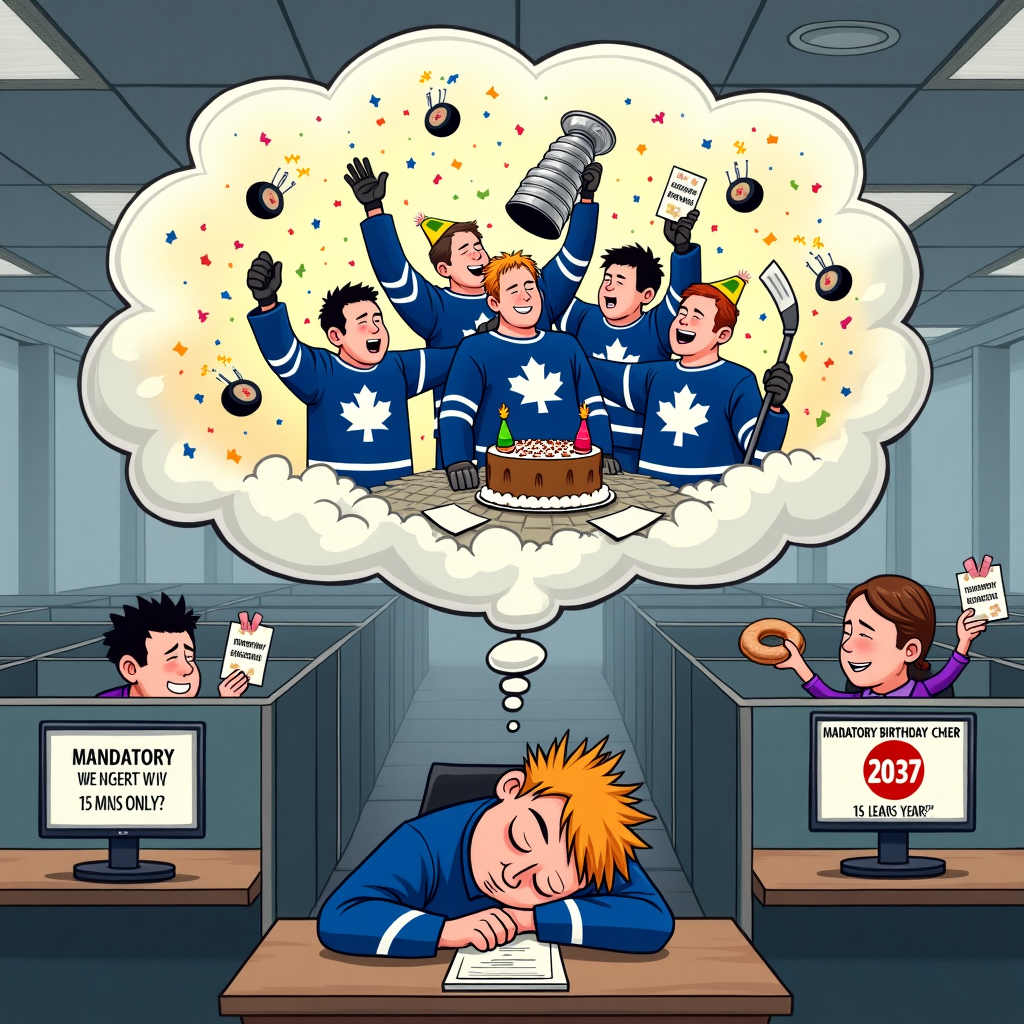 **Image Prompt:**

At the top of the illustration image: *"Happy Birthday, Chucky — Even the Leafs Win in Your Dreams!"*

A funny illustrated scene set in a typical dull grey office with cubicles, fluorescent lights, and computer monitors glowing. In the middle, Chucky is slumped over his desk, fast asleep, drooling slightly on a pile of TPS reports. Floating above his head is a whimsical dream bubble showing the Toronto Maple Leafs hoisting the Stanley Cup in a blizzard of confetti, champagne, and flying pucks.

Leafs players wear party hats and blow noisemakers. One player hugs a cake shaped like the Cup. Confetti rains down inside the dream, while outside in the office reality, his unimpressed boss peers over the cubicle wall holding a birthday card and a stale donut.

A party banner in the real-world office reads, “Mandatory Birthday Cheer: 15 Mins Only.” On his monitor, the desktop wallpaper is a calendar marked with a giant red circle: "2037: The Leafs' Year?" 

Mood is vibrant, ironic, and playfully sarcastic. A blend of birthday joy and eternal hockey hopelessness—all in good fun.
Generated with these themes: Toronto Maple Leafs won the Stanley Cup but it was a dream, Office setting, and Happy Borthday.
Made with ❤️ by AI.