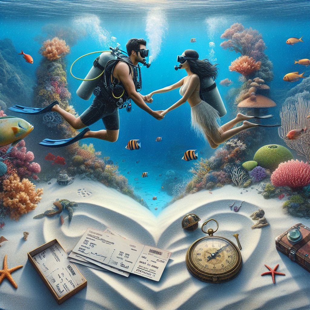Please create a romantic anniversary design that showcases a couple's love for underwater exploration and world travel. Visualize a tranquil underwater scene where a male and female scuba diver, of Hispanic and South Asian descent respectively, are holding hands. They are surrounded by vivid coral reefs and exotic aquatic species. Above the water, on the sandy beach of a secluded island, a heart has been drawn with two anonymous names etched into it. Beside the heart, there lies a pair of tickets and an antique compass, symbolizing the couple's mutual enthusiasm for travel and adventure.
Generated with these themes: Scuba diving , and Travel .
Made with ❤️ by AI.