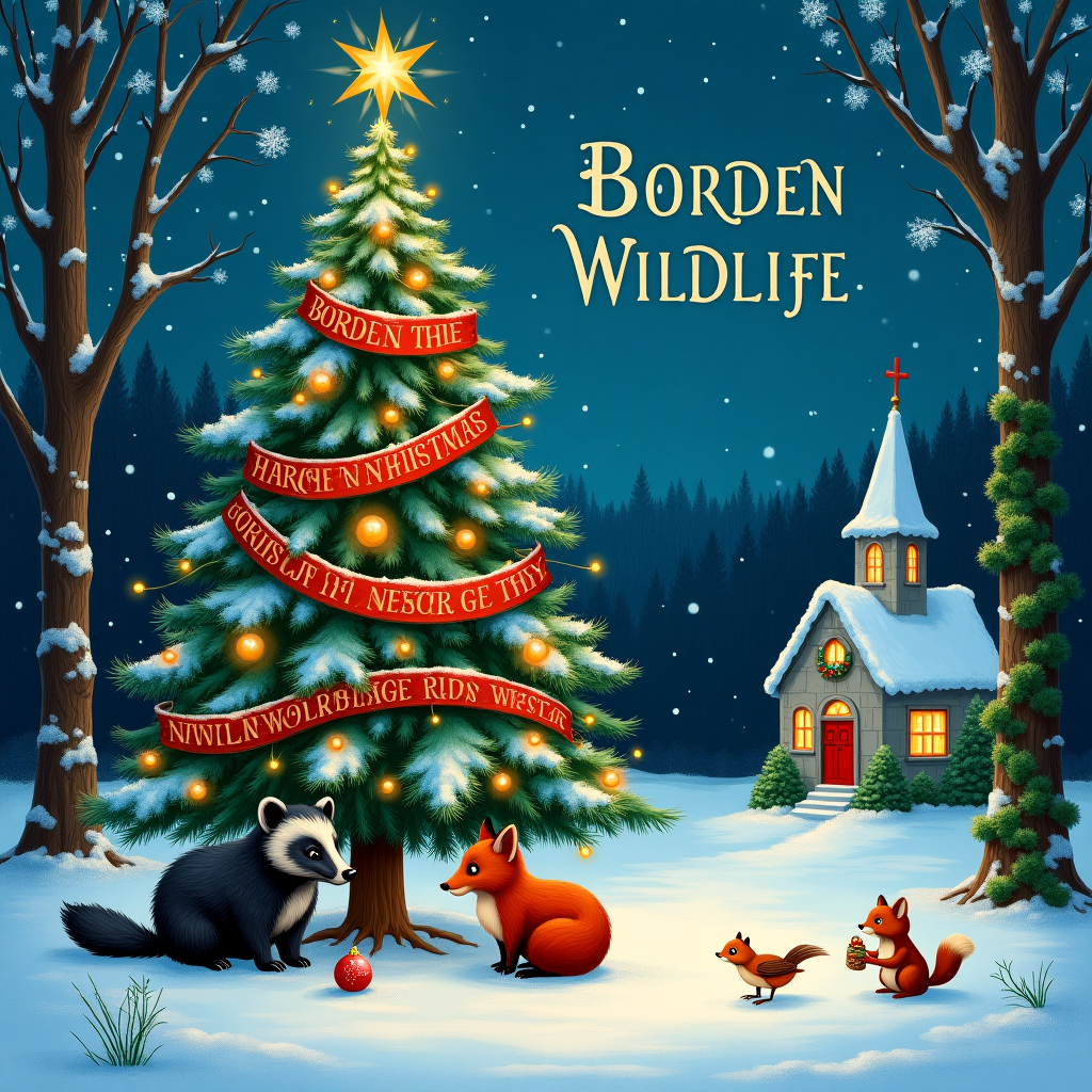 Christmas tree , snow , star , badger , fox , Robin , mouse , church , and Squirrel Christmas Card