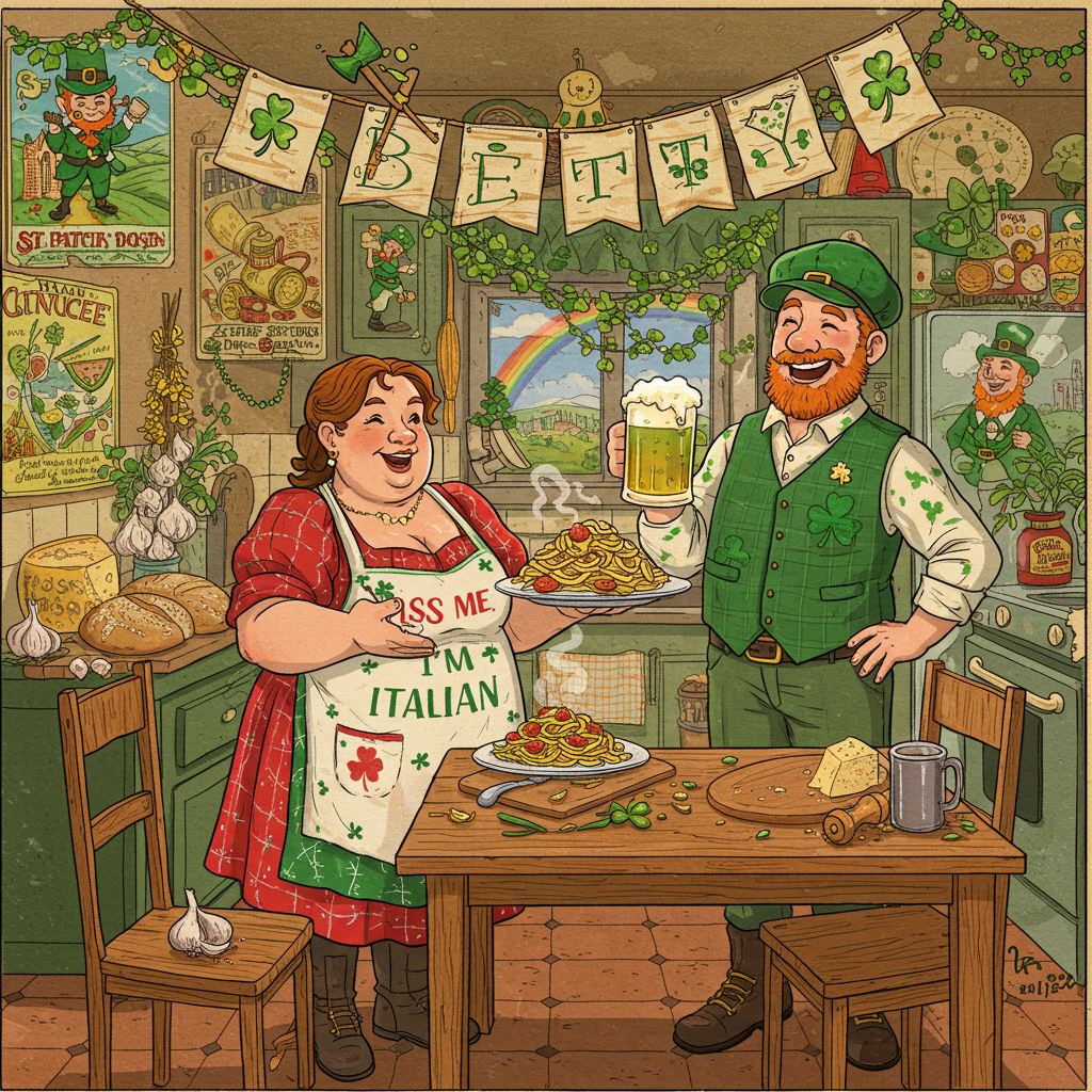 In this vibrant and quirky scene, imagine an illustration set in a lively kitchen filled with personality and warmth, celebrating both St. Patrick’s Day and a delightful cultural fusion. The central figures are a jovial, robust Italian woman and her cheerful Irish husband. 

The kitchen is a delightful cacophony of objects, each telling its own little story. The Italian woman stands proudly, arms wide open, as she offers a large platter of steaming pasta, with little shamrocks delicately garnishing the dish. Her outfit is a vivid patchwork of red, white, and green, echoing the Italian flag, and her apron humorously reads "Kiss Me, I'm Italian."

Next to her, the Irish husband, with a broad smile, holds a frothy mug of green beer in one hand. He's dressed in a classic Irish flat cap and a vest that's adorned with tiny embroidered clovers, the fabric a rich, deep emerald green. 

Above them, a large banner with “Betty” boldly scrawled across it in a whimsical, curly script stretches across the room. The letters are filled with interwoven designs of leprechauns and rolling pasta, a clever blend of their shared heritages.

The background is filled with charming, detailed elements. A large wooden table is cluttered with a mix of St. Patrick’s Day decorations and Italian feast preparations: a crusty loaf of soda bread next to a wheel of Parmigiano-Reggiano, strings of garlic intertwined with green and gold tinsel.

On the walls, there are vintage-style posters; one features a laughing leprechaun riding a Vespa, and another depicts a serene Tuscan landscape with a rainbow arching overhead.

The floor is a checkerboard of earthy terracotta and vibrant green tiles, completing the scene. The overall color palette is a rich blend of emerald greens, warm terracottas, and pops of vibrant reds and golds, creating a lively and festive atmosphere. 

This illustration, rich in detail and culture, captures the essence of gratitude through the lens of a whimsical St. Patrick's Day celebration.
Generated with these themes: St. Patrick's Day, heavy se Italian woman, Irish Husband.
Made with ❤️ by AI.