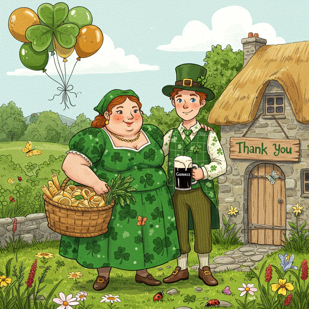 The greeting card front cover bursts with a lively and humorous illustration, encapsulating a scene of jovial gratitude with St. Patrick's Day flair. Picture an outdoor setting, perhaps a lush green backyard under a soft, cloud-scattered sky. 

At the heart of the scene, an exuberantly detailed Italian woman stands robustly, her figure delightfully rotund and expressive, adorned in a bright emerald green dress peppered with shamrocks, clearly nodding to St. Patrick's Day. Her dress is accentuated with lace trim reminiscent of delicate Italian craftsmanship. She holds a gigantic, overflowing basket of various pasta shapes in one hand and a sprig of basil in the other, an ode to her Italian heritage.

Beside her, her Irish husband, a lean, ginger-haired fellow with twinkling blue eyes, dressed in a plaid waistcoat and bowler hat, clutches a pint of frothy Guinness, a nod to his Irish roots. His other arm affectionately wrapped around her shoulder. His vest is patterned in a subtle interlace of clover and Celtic knotwork.

In the background, a stone cottage with a thatched roof hints at a blend of Irish countryside with a touch of Italian villa, surrounded by wildflower-studded grass and cheerful, waving clovers. A wooden sign hanging from the cottage's door reads "Thank You" in a swirling, whimsical font, capturing the card's essence.

Floating above this playful duo, a bright banner stretches across the sky, festooned with green and gold balloons. The banner is stitched with a single word, “Betty,” rendered in a charming, curvaceous script that adds a personalized touch to the scene.

Details abound, from the ladybug nestled on a clover leaf to the butterflies flitting amidst the flowers, echoing the naturalistic charm found in Beatrix Potter’s works. This scene, vibrant with Norman Rockwell’s detailed storytelling, Beardsley's intricate patterns, and Blake's whimsical lines, promises a chuckle and warm thanks wrapped in vivid artistry.
Generated with these themes: St. Patrick's Day, heavy se Italian woman, Irish Husband.
Made with ❤️ by AI.