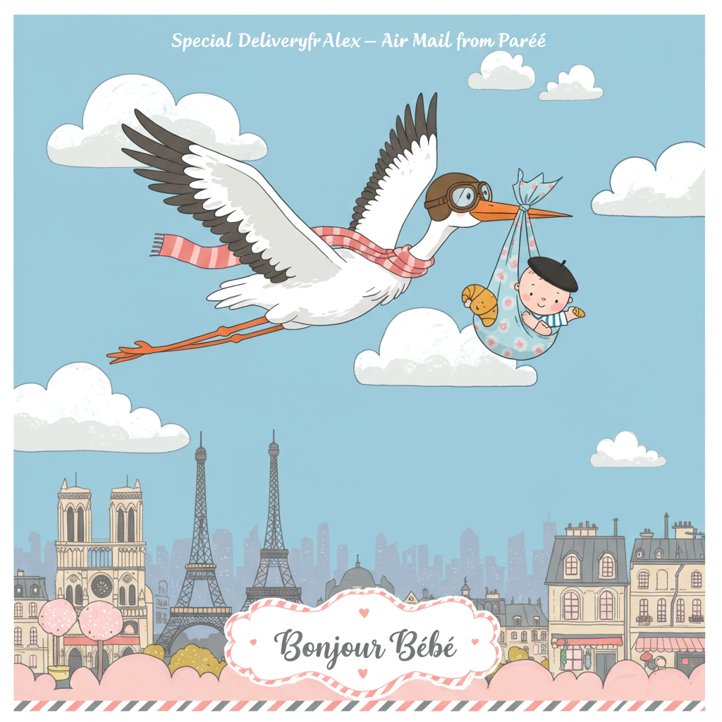 At the top of the vector image, “Special Delivery for Alex—Air Mail from Paree!”

Create a cute, vector-style image featuring a whimsical white stork soaring through a clear blue sky dotted with fluffy clouds and tiny Eiffel Towers hidden like stars. The stork wears classic aviator goggles and a scarf fluttering in the breeze, while gently carrying a baby in a soft cloth sling.

The baby should be distinctly French—adorably wearing a tiny black beret tilted jauntily to one side, with a teeny striped shirt and a comically small croissant clutched in one chubby hand. The sling is patterned with miniature fleur-de-lis and hearts.

Below, a dreamy Paris skyline glows subtly in pastel tones, with the Eiffel Tower, Notre Dame, and little rooftop cafés silhouetted in the background.

Elegant, playful text in script font says: “Bonjour Bébé” nestled among puffy pink and gold clouds near the bottom of the image.

The overall mood should be irresistibly cute, charming, and perfect for celebrating the arrival of a très magnifique new bundle of joy!
Generated with these themes: Stork flying, carrying baby, Baby should be french maybe wearing a beret and eating a croissant, Paris, and Text saying "Bonjour bebe".
Made with ❤️ by AI.