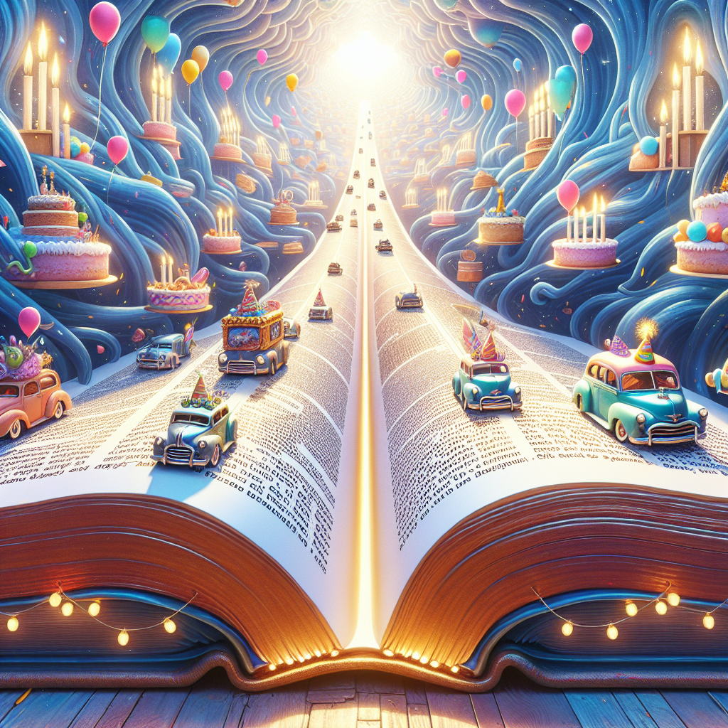 In a heavenly birthday arena, a massive, open Bible acts as the basis for a whimsical, fantastical track where retro automobiles ascend between the lines of Holy writ like aircraft. Each car is decorated with festive balloons and decorations, their headlights casting a gentle light on the passages. The bright, radiant manuscript seems to reverberate with vitality, its borders adorned with elaborate, whimsical illustrations of party hats and slices of cake. Above, otherworldly, half-see-through balloons gently drift, forming a birthday salutation, as the automobiles dash towards a seemingly unreachable finish line.
Generated with these themes: Bible, and Cars.
Made with ❤️ by AI.