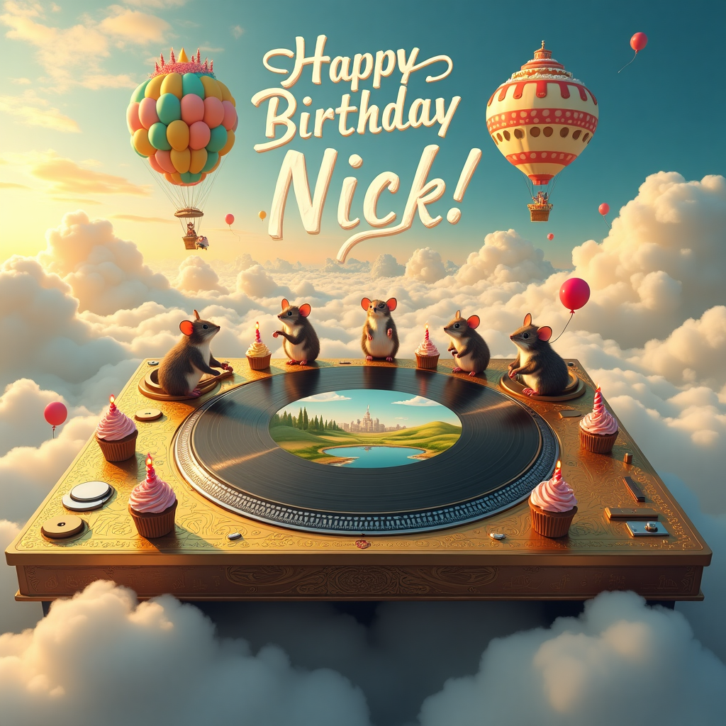 In this surreal birthday-themed scene, a giant DJ deck emerges as an island floating in the sky, surrounded by fluffy clouds that catch the hues of a setting sun, casting an ethereal golden glow. The turntable is a vibrant mix of metallic colors—copper, gold, and silver, with intricate patterns etched into its surface like ancient runes. Each of the knobs and buttons on the deck is replaced by miniature cupcakes, each topped with swirling, colorful frosting and tiny candles flickering gently. The vinyl record spinning at the center of the deck features a landscape, painted in vivid colors, that shifts and morphs as it turns—depicting rolling hills, a serene lake, and a bustling cityscape, each scene fading into the next. Around the DJ deck island, balloons in various sizes and shapes, reminiscent of musical notes and instruments, float lazily in the air, tethered by invisible strings to the deck. High above, written in looping, wispy white cloud letters, is "Happy Birthday Nick!" as if the sky itself is celebrating. On the horizon, a hot air balloon shaped like a giant cake, complete with tiers and icing details, drifts toward the deck, carrying a troupe of miniature animals—mice in tuxedos and hedgehogs in ball gowns—poised to throw a sky-high dance party on this floating DJ paradise.
Generated with these themes: Dj deck.
Made with ❤️ by AI.
