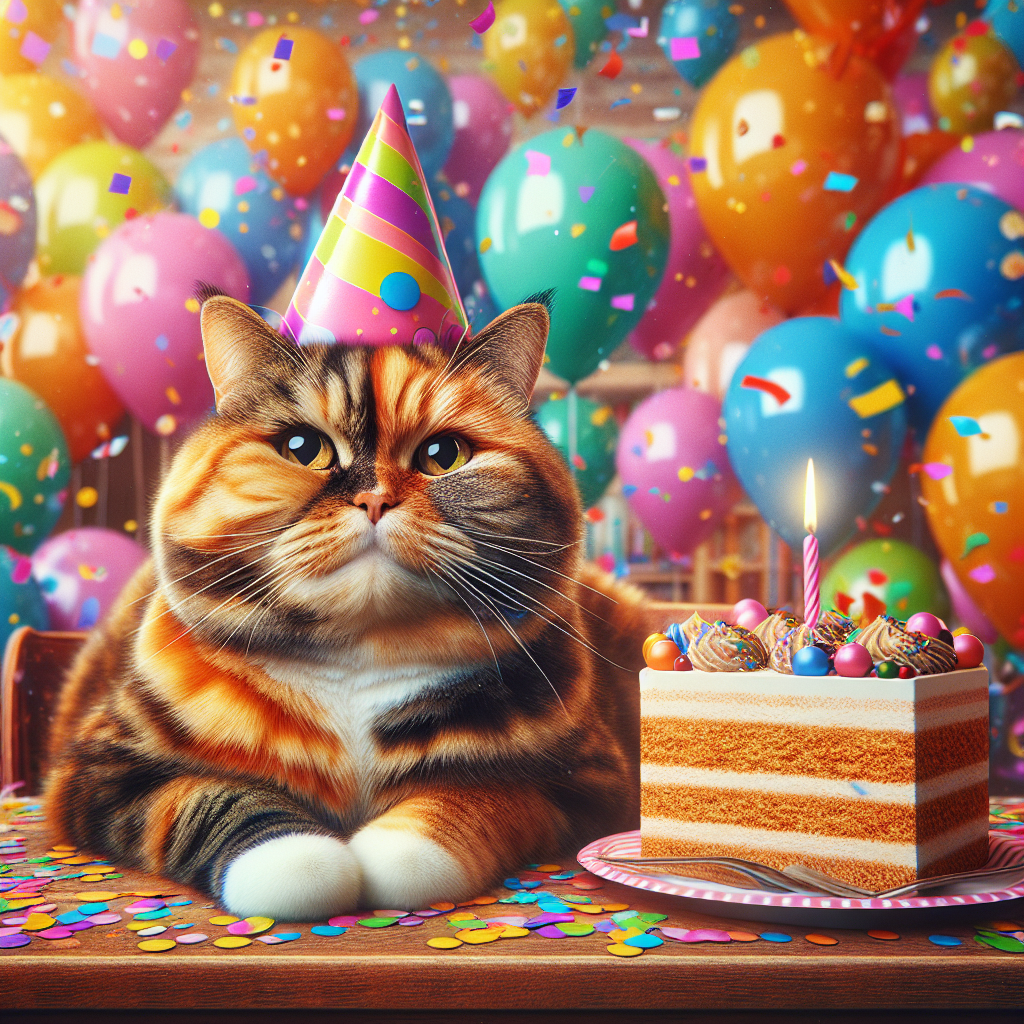 Imagine a lively birthday party setting filled with cartoon-like balloons of vibrant hues and a plethora of confetti raining down. The party's centerpiece is a cherished adult Domestic Shorthair cat, whose fur combines the fun, varied patterns of tortoiseshell with the warm, bright tones of an orange tabby. The cat is positioned comfortably next to a mouthwatering slice of cake. Adding to the delight is a playful party hat perched upon the cat's head, evoking an atmosphere of whimsy and joy.
.
Made with ❤️ by AI.