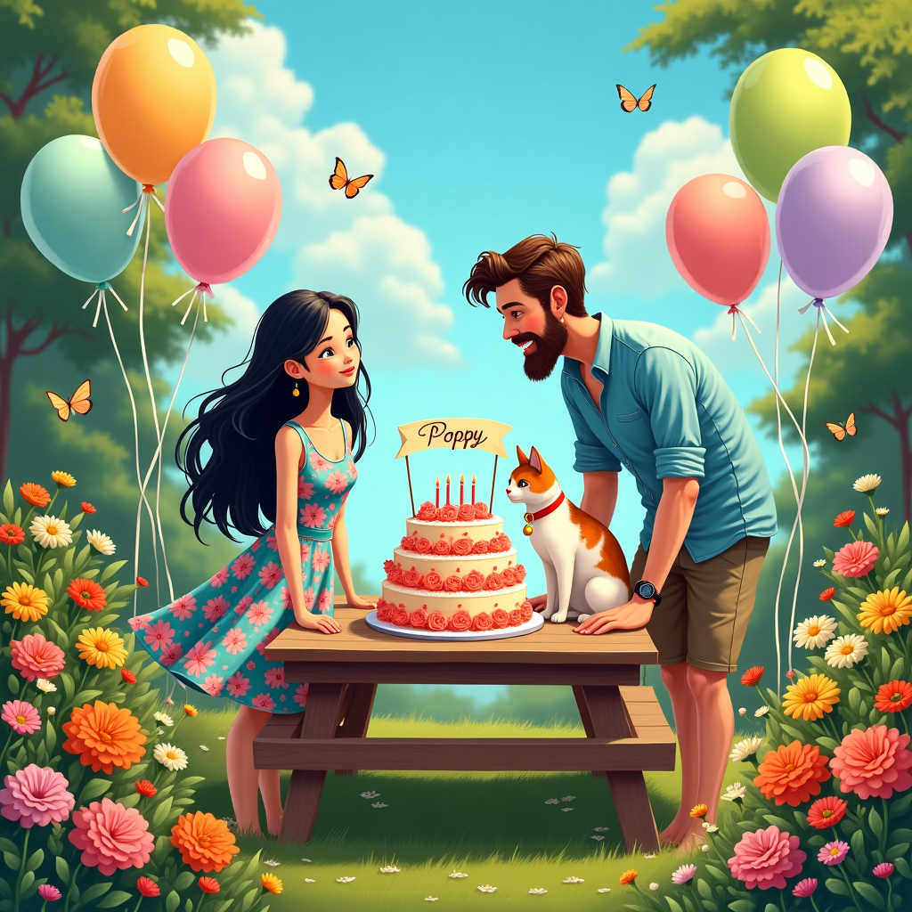 The front cover of the greeting card features a vibrant birthday party scene set in a sunny, lush garden. The main focus is a wooden picnic table laden with a colorful array of party elements. Atop the table sits a splendid birthday cake, decorated with intricate icing flowers in pink and yellow hues. Positioned across the cake is a tiny edible banner that reads "Poppy" in elegant, looping script.

Standing near the table is a Thai girl, medium height, wearing a bright, floral dress that flows to her knees, with hues of turquoise and coral. Her long black hair is smooth and cascades down her back. Beside her, perched on the edge of the table, is a striking white, ginger, and black cat. The cat is adorned with a shiny red collar with a small golden bell that catches the sunlight.

Next to the girl, her English boyfriend, a tall man with a mane of brown hair and a well-groomed beard, is playfully leaning over to pat the cat. He's dressed in a casual, light blue button-up shirt with rolled-up sleeves and khaki shorts.

The background reveals a garden teeming with life: a burst of colorful flowers—marigolds, daisies, and roses—are interspersed among lush green foliage. A few fluttering butterflies can be seen amidst the blooms. Behind them, a sky of deep azure provides a perfect backdrop, with a hint of fluffy, white clouds drifting by. Balloons in shades of pastel pink, green, and lavender hover in the air, tied to the wooden picnic bench, adding to the festive atmosphere.
Generated with these themes: Thai girl medium size in dress with long black hair, Thai lady has white, ginger and black cat with red collar and bell, and English boyfriend with brown hair and beard.
Made with ❤️ by AI.
