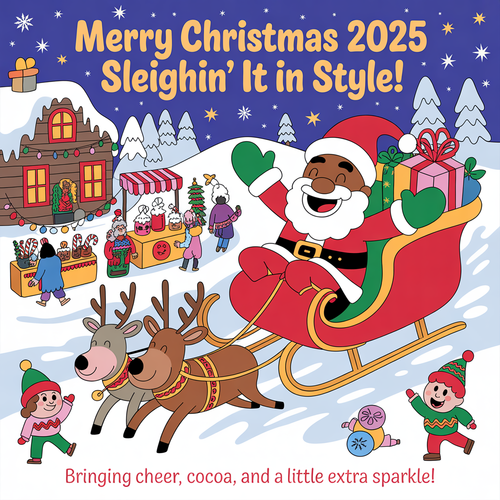 At the top of the image, **"Merry Christmas 2025 – Sleighin’ It in Style!"**  

At the bottom of the image, **"Bringing cheer, cocoa, and a little extra sparkle!"**  

- In the center, create a vibrant, playful cartoon-style winter holiday scene with bold outlines and rich, saturated colors.  
- Feature an African American Santa Claus with a big, jolly grin, dressed in a classic red suit with quirky oversized mittens, riding a sleigh piled high with brightly wrapped gifts.  
- The sleigh is gliding past a cozy log cabin in the snowy woods, its windows glowing golden with warmth.  
- In the background, a charming vintage-style holiday market bustles with cartoon vendors selling candy canes, hot cocoa, and ornaments under twinkling Christmas lights.  
- Snowy streets are dotted with cheerful townsfolk in colorful scarves, oversized hats, and exaggerated, bouncy poses.  
- Add whimsical touches like reindeer with festive sweaters, candy-striped signposts, and little birds wearing tiny Santa hats.
Generated with these themes: CHRISTMAS , and .
Made with ❤️ by AI.