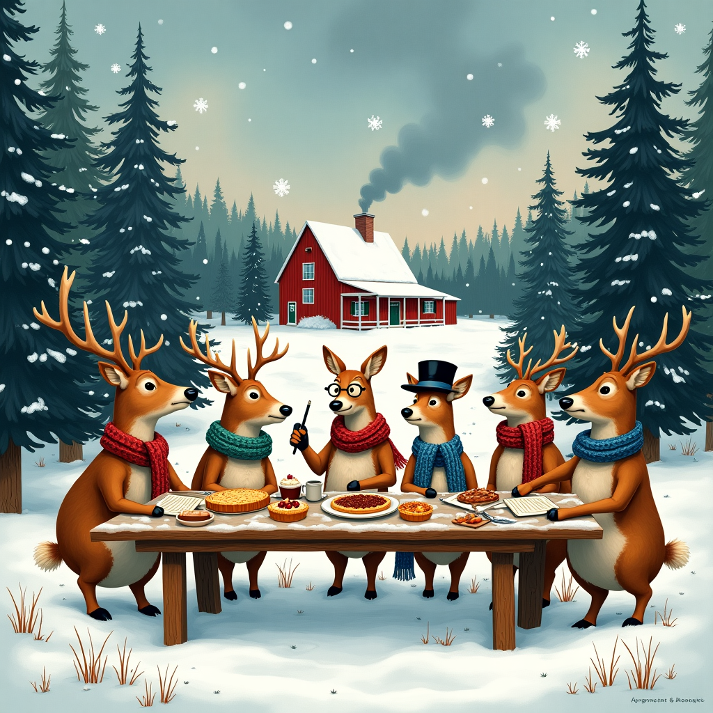 In a whimsical Vermont winter landscape, an illustration unfolds in a bustling clearing surrounded by snow-draped evergreens. At the center, a group of deer, each wearing a different cozy, hand-knitted scarf, is gathered around a long, wooden farm table. This isn't just any herd of deer; each has a distinct personality. One deer, with spectacles perched on its snout, is busily sketching on a pad, much like a woodland Norman Rockwell. Another, with a top hat and monocle, appears to be narrating an engaging tale, reminiscent of an Edward Gorey character. The table is laden with an array of woodland delicacies, such as acorn pies and maple leaf tarts, which are whimsically styled in a manner akin to Beatrix Potter’s charming details. Snowflakes gently fall around them, each flake appearing intricately detailed, like a Gustave Doré etching. In the background, the silhouette of a quaint Vermont farmhouse with smoke curling up from the chimney provides a picturesque backdrop, reminiscent of a Maxfield Parrish landscape. Above, the sky is an enchanting twilight, filled with swirling clouds that have a touch of Quentin Blake's lively line work. This scene, filled with quirky details and a nod to storytelling, creates a unique and humorous 'thank you' tableau, capturing the charm and warmth of Vermont's winter wonderland and its frolicsome deer residents.
Generated with these themes: Vermont Winter Landscape, and Herd of Deer.
Made with ❤️ by AI.