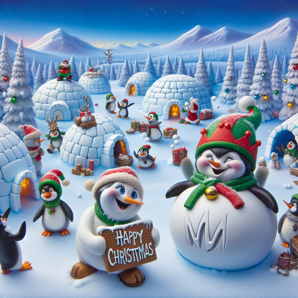 A whimsical winter scene where snowmen are having a snowball fight outside of an igloo village. One cheeky snowman holds a sign that reads 'Happy Christmas,' while another has 'MM' playfully carved into its belly. In the background, penguins wearing elf hats decorate a lopsided Christmas tree, adding to the joyful absurdity.
Generated with these themes: Happy Christmas.
Made with ❤️ by AI.