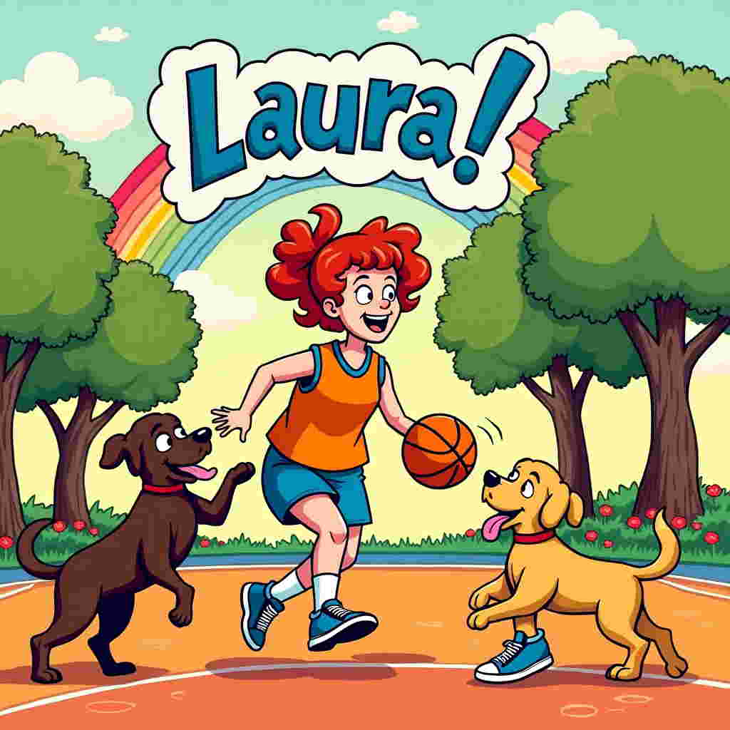 The front cover of the greeting card is a vibrant and lively scene reminiscent of the classic and whimsical cartoon styles mentioned. In the center, a woman with bright, dark red hair styled in playful curls is depicted mid-action, dribbling a basketball on a vibrant court. Her features are exaggerated in a playful cartoon style: large, expressive eyes and a wide, enthusiastic grin. She's wearing a vibrant orange jersey and blue shorts, which add pops of color to the scene.

To her left, a Chocolate Labrador is illustrated with a shiny, deep brown coat. This pooch stands on its hind legs, attempting to catch the basketball, its tongue lolling out with exaggerated delight. On the right side, a Yellow Labrador, with its glossy golden fur, is playfully trying to retrieve a sneaker that seems to have slipped off the lady's foot, adding a humorous touch to the scene.

The background features a classic comic-style basketball court with simple, bold lines and a dynamic, slightly tilted perspective, reminiscent of Schulz or Eisner. The court is bordered by stylized trees with large, round green canopies and colorful flowers at their bases, similar to a setting you might find in a Watterson comic.

Above the scene, a sky with a few fluffy, cartoonish clouds is illustrated. A vibrant rainbow arches across the sky, and cleverly integrated into the rainbow's arch is the word "Laura," styled in bold, bubble letters that seem to pop off the card.

This playful, dynamic scene is a nod to the whimsical and exaggerated features characteristic of classic comic art, creating a thank-you card that’s both humorous and bursting with energy.
Generated with these themes: Dark Red hair lady  playing basketball, Chocolate Labrador , and Yellow Labrador.
Made with ❤️ by AI.