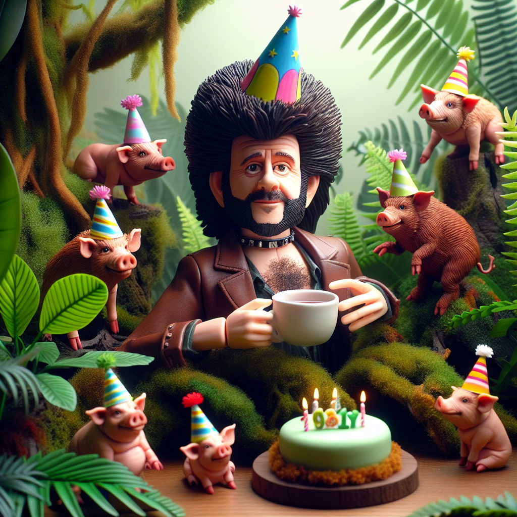 A delightful birthday representation features a male singer with dense hair, who resembles an iconic musician from the 80s, garbed in a festive hat, presenting a light-hearted posture within a dense jungle of lively, formidable flora. He is enjoying a hot cup of tea as charming anthropomorphic pig figures scamble about, a handful donning minute party hats, adding to the celebratory and comical setting of the tableau.
Generated with these themes: George Michael, Plants, Tea, and Percy pigs.
Made with ❤️ by AI.