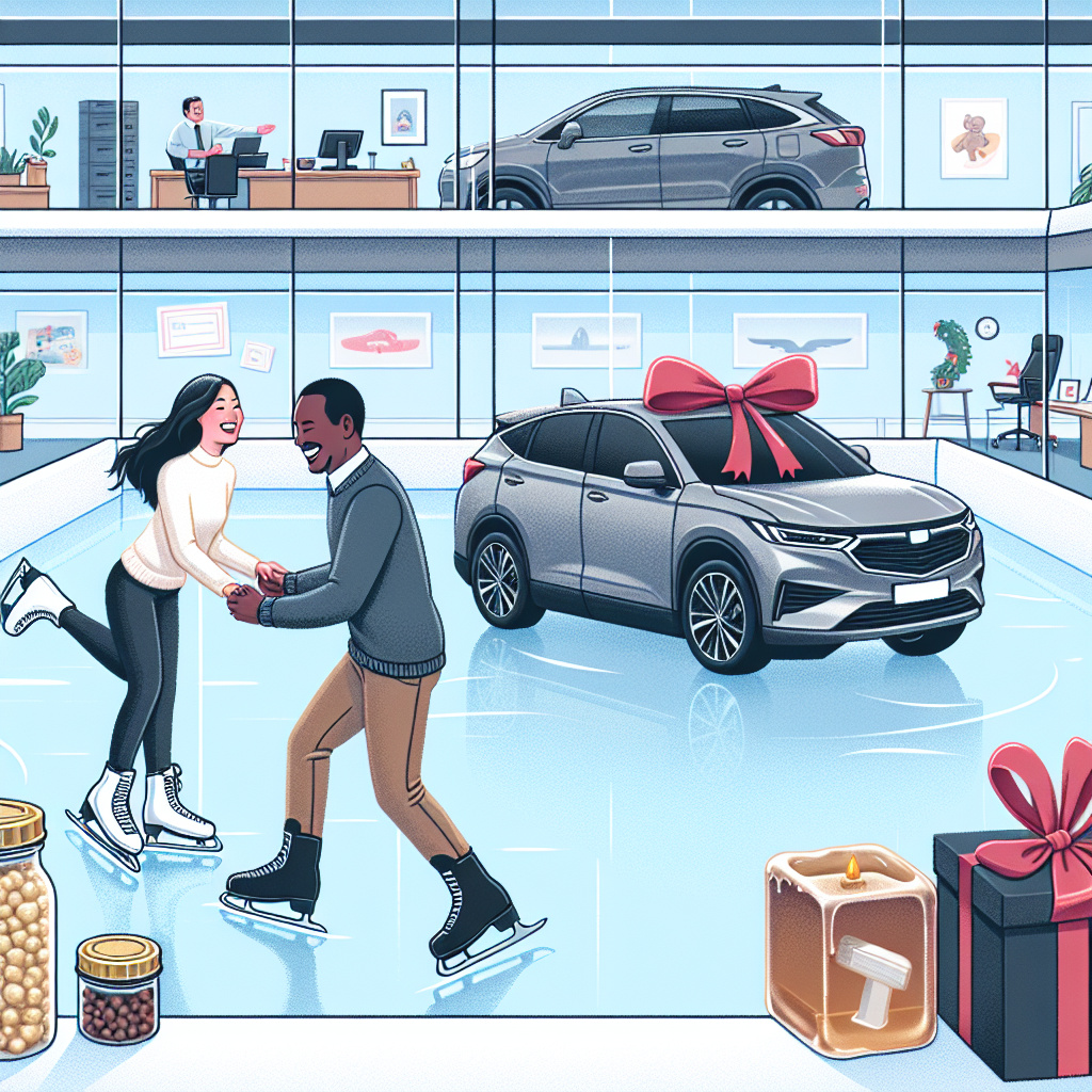 Create a vector illustration for an anniversary. The central motif is an ice-skating rink inside a typical corporate office. A diverse pair of ice-skaters, an Asian woman and a Black man, are the main focus, joyously and gracefully gliding on the ice. Around the rink, place quirky office items - such as a generic stapler encased in gelatin. Visible through the large office windows, a generic sleek grey compact crossover car with a bow sits parked, hinting as a surprise anniversary present.
Generated with these themes: The Office, Ice Skating, and Grey Audi Q3.
Made with ❤️ by AI.