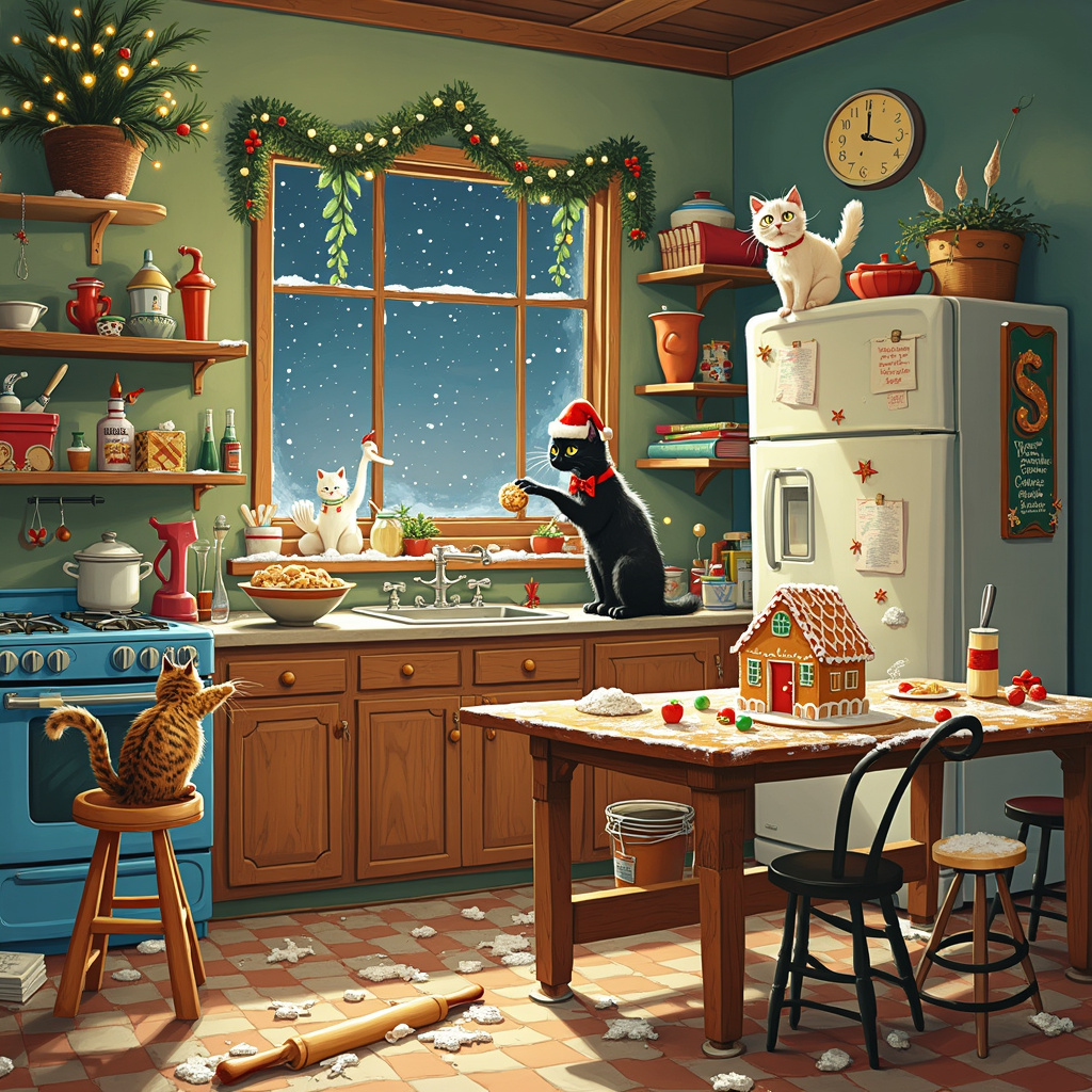 Picture this delightful Christmas scene: It's a cozy kitchen filled with the merry chaos of holiday baking, inspired by the whimsy and humor of artists like Charles Schulz and Bill Watterson. The centerpiece of this scene is an oversized, antique wooden kitchen table, piled high with flour, sugar, and a colorful assortment of baking ingredients. There’s a large, flour-dusted rolling pin partially rolled off the edge of the table.

In the foreground, a tabby cat with a mischievous twinkle in its eye is perched on a stool, wearing a tiny, red Santa hat. The cat is swiping a paw at a cookie dough ball, sending it flying across the room. Another cat, a sleek black feline with a red bow around its neck, is standing on its hind legs on the kitchen counter, intently watching a batch of cookies bake through the oven's glass door. Above the oven, a small chalkboard hangs, listing cookie ingredients in playful, childlike handwriting.

Scattered around the floor are various baking implements: a tipped-over mixing bowl with a whisk sticking out, cookie cutters shaped like Christmas trees and stars, and a trail of floury paw prints leading towards a plate of half-eaten gingerbread cookies. Near the back of the scene, the kitchen window offers a glimpse of a snowy winter night, with twinkling Christmas lights strung around the window frame. 

Hanging from the ceiling, a sprig of mistletoe dangles, almost touching a gingerbread house in progress on the table. This gingerbread house is elaborate, with gumdrop decorations and frosting icicles. Another cat, a fluffy white Persian, is perched atop the fridge, batting at a string of festive fairy lights that have come loose.

Above the whole scene, on a shelf cluttered with old cookbooks and holiday knick-knacks, a clock shaped like a cat ticks away, adding to the playful feel. In one corner, a small Christmas tree adorned with tiny cat toys and baking-themed ornaments like miniature rolling pins and cookie cutters sparkles in the warm, golden light.

This bustling, playful scene encapsulates the spirit of Christmas baking with cats adding their unique twist of chaos and charm, perfect for a Christmas greeting card.
Generated with these themes: Cats, baking.
Made with ❤️ by AI.
