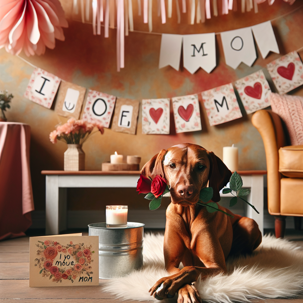 Depict an indoor scene with warm, pastel-colored walls. A sandy-colored Vizsla dog is curled up on a fluffy white rug, holding a single red rose gently between its teeth. The space is decorated for Mother's Day with paper streamers and hand-made 'I Love You, Mom' banners hanging from the ceiling. On a wooden coffee table, a handcrafted greeting card is placed next to a burning scented candle, the aroma of which fills the room, fostering a relaxed environment and emanating appreciation for mothers far and wide.
Generated with these themes: Vizla.
Made with ❤️ by AI.