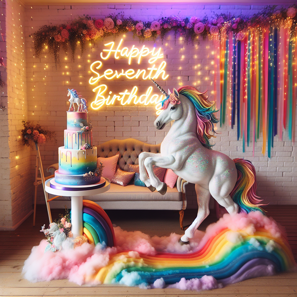 A magical unicorn theme dominates a cozy room, prepared meticulously for a seventh birthday celebration. A realistic-looking unicorn stands next to a gymnastics balance beam, and it's wrapped in a flow of many-colored rainbows. The atmosphere is charged with enchantment that's enhanced by an exquisitely crafted cake. It depicts a realistic unicorn sitting on top of layers of multicolored icing. Vibrant script draped across the walls reads 'Happy Seventh Birthday' blending perfectly into the whimsical yet authentic ambiance of the space.
Generated with these themes: Unicorn, Gymnastics , Rainbow, Happy seventh birthday , Sophia, and Cake.
Made with ❤️ by AI.