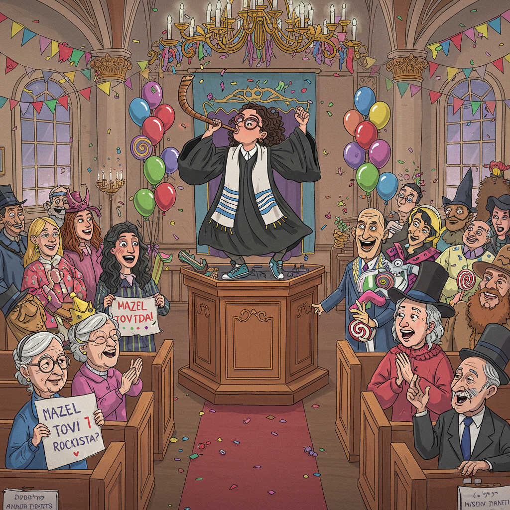 At the top of the illustration image, "Naomi, even Queen Esther needed a Purim break—now it's your turn to party like a righteous rockstar!"

**Prompt for illustration:**
A whimsical, cartoon-style scene inside a lively synagogue decked out with Purim decorations—colorful streamers, hanging groggers, and balloons. At the center, a stylish woman Rabbi (with cool glasses, sneakers peeking out under her robes, and a glittery tallit) is blowing a shofar made of cake while joyfully dancing on a bima turned DJ booth. Around her, a mixed crowd of congregants in outrageous Purim costumes (think hamantaschen hats, Mordechai with glow sticks, and Haman looking unimpressed) are tossing confetti and noshing on oversized candy. One elderly lady in the front pew is clapping and holding a sign that says "Mazel Tov Naomi!" The whole vibe is irreverently joyful, bursting with celebratory mischief and holy hilarity.
Generated with these themes: Woman rabbi, Synagogue, and Purim.
Made with ❤️ by AI.