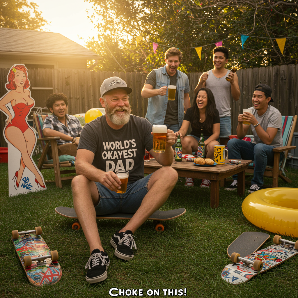 Beer, skateboarding, naked girls, orgies, and Fathers-day Card