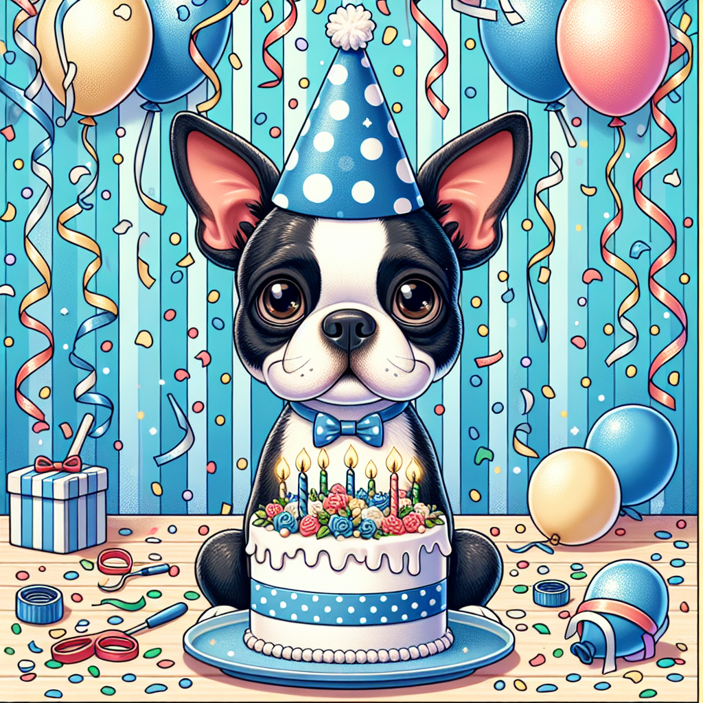 Create a charming cartoon image centered on a Boston Terrier with a regular build, shiny black and white fur, and affectionate brown eyes. This dog is situated in the middle of a festive birthday celebration, wearing a blue party hat speckled with white circles. The area around is adorned with fluttering streamers, scattered confetti, and various balloons floating aloft. On a table in the backdrop is a large birthday cake, decorated with the dog's name in sweet icing. The scene is an epitome of joyful birthday revelry.
.
Made with ❤️ by AI.