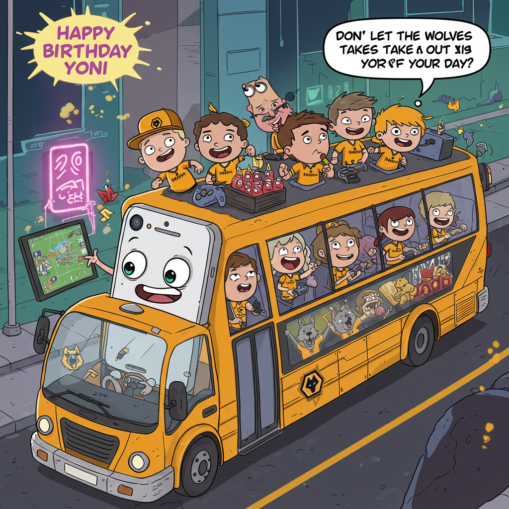 At the top of the Cartoon Style image, **Happy Birthday Yonni**

**Scene Description:**

In a vibrant, playful cartoon world, an oversized, animated iPhone with a cheeky grin and googly eyes sits at the wheel of a wacky, gaming-themed bus. The bus is decked out in neon lights and graphics of various video games. The side of the bus proudly displays the logo of the Wolves Football Club, with cartoon wolves cheering and waving tiny flags. A group of energetic, cartoon characters, all around age 10, are having a blast inside the bus, each clutching controllers as if the bus is a giant mobile gaming hub. One kid, with a particularly excited expression, is seen virtually scoring a goal for the Wolves on a screen inside. In a speech bubble above the bus, the iPhone jokes, "Don't let the Wolves take a byte out of your day!"
Generated with these themes: Iphone, Gaming bus, Age 10, Wolves football club, and .
Made with ❤️ by AI.