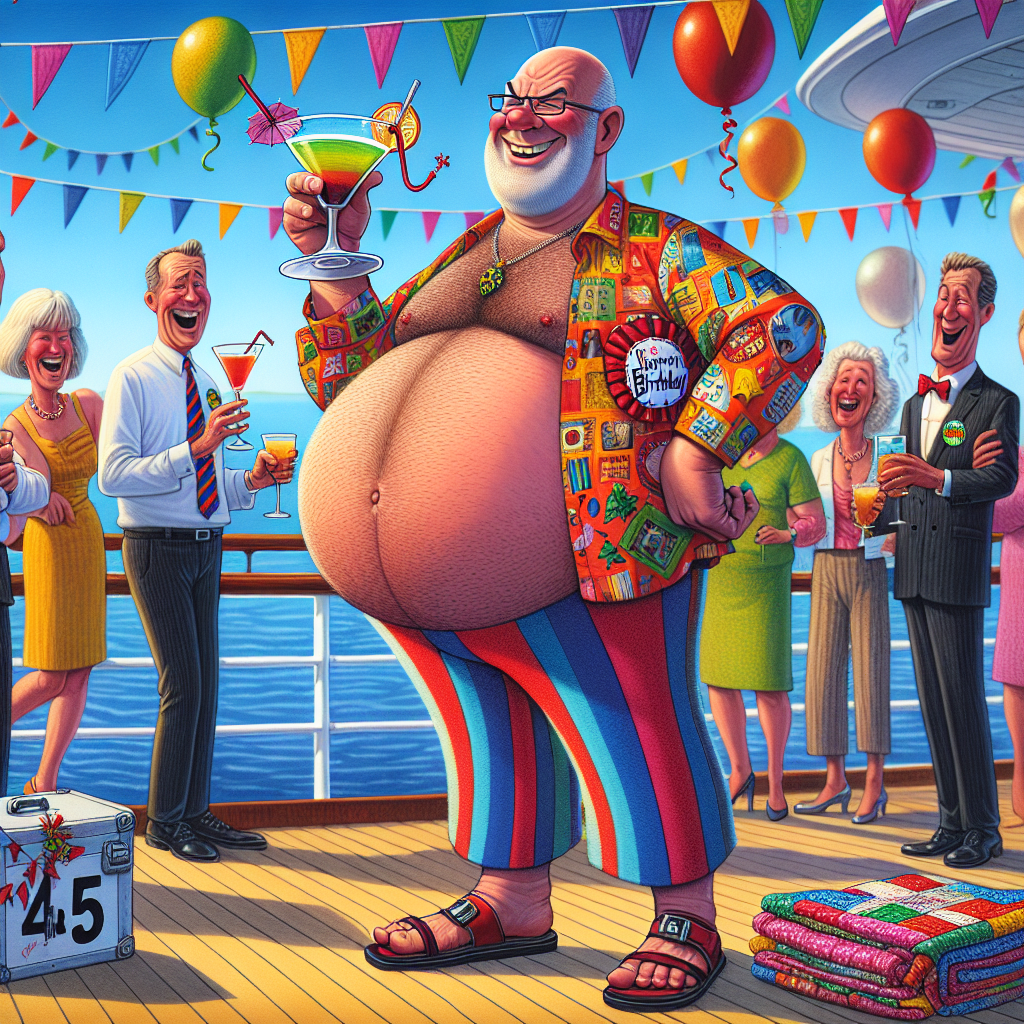 In a whimsical setting, a jolly, bald, 45-year-old Caucasian gay man is standing proudly on a cruise ship, his rounded stomach peeking out from beneath a vibrant shirt decorated with birthday details. He's holding a unique cocktail, reflecting his holiday spirit, in one hand, and a vibrant patchwork quilt, reflecting his love for quilting, in the other. Surrounding him are merry party-goers, some being his colleagues from a call centre, all drawn with exaggerated, amusing features. They all appear to be a close-knit group, a blend of work friends and followers of the Mormon faith, joyously celebrating amidst festooned balloons and streamers in an amusing contrast to the mundane nature of their typical work environment.
Generated with these themes: Bald-headed white gay man with beer belly aged 45 on a cruise ship holiday, Quilting, Mormon, and Call centre.
Made with ❤️ by AI.