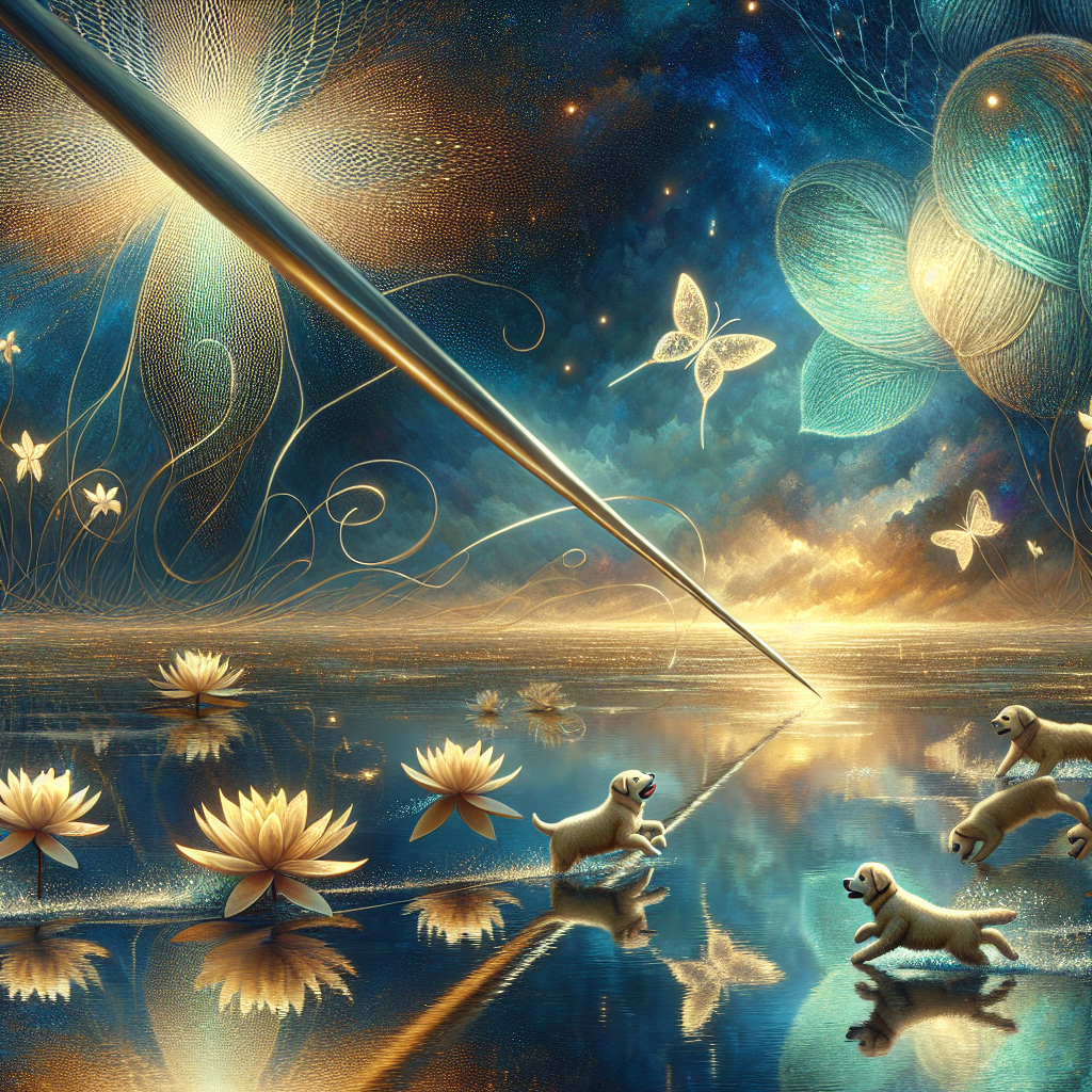 Imagine a dreamlike scene featuring a glistening pond reflecting the sky, filled with tones of deep blue and gold. The surface of the water is broken up by softly glowing lilies, radiant in the subtle light. On the bank of the pond, an oversized knitting needle pierces the air, forming intricate patterns with threads of light that then dissolve into ephemeral designs. A playful group of puppies can be seen, their fur subtly shifting in hue like blooming flowers. They excitedly chase after butterflies, their joyous antics acting as a gentle tribute to the nurturing spirit of Mother's Day.
Generated with these themes: Knitting , Puppies, and Flowers.
Made with ❤️ by AI.