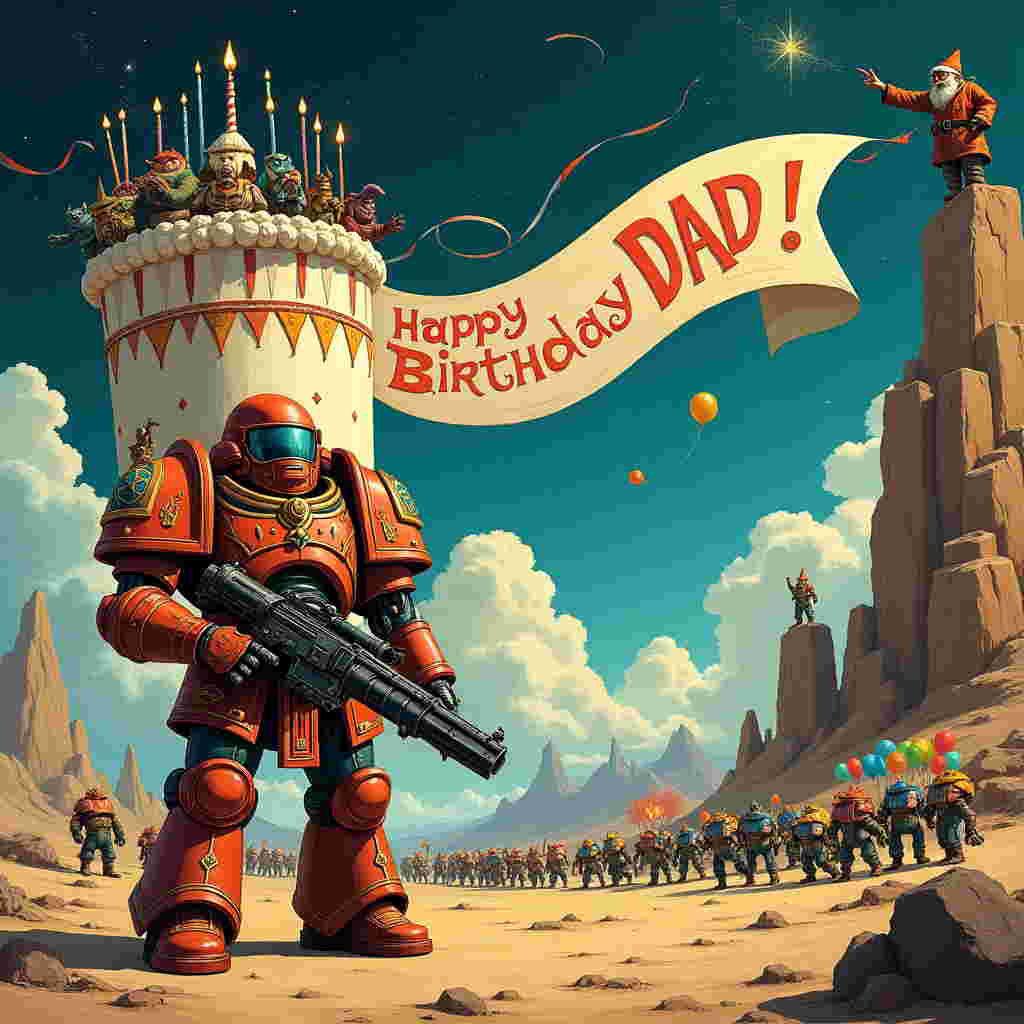 The scene unfolds on an alien planet where a grand birthday celebration for "Dad" is underway, echoing the eclectic styles of the artists mentioned. In the foreground, a jovial Space Marine stands in dynamic mid-celebration pose, wearing a flamboyantly painted power armor reminiscent of Beardsley's intricate line work, complete with exaggerated embellishments. He's holding a colossal birthday cake, designed in the style of a Warhammer fortress, adorned with tiny flickering candles and miniature battlements. The cake's frosting features a detailed tableau of whimsical creatures inspired by Maurice Sendak and Beatrix Potter, engaging in their own miniature festivities around the parapets.

In the background, a parade of Orks and Eldar is occurring, their outfits a kaleidoscope of Quentin Blake's vibrant hues, marching in gleeful harmony. A massive banner stretches across the sky in a playful Maxfield Parrish-inspired cloudscape, spelling out "Happy Birthday Dad!" in grand, looping letters made from celestial constellations, twinkling like Gorey's charming yet mysterious settings. To the right, a series of N.C. Wyeth's action-packed vignettes depicts a humorous tableau: a group of Tyranids inadvertently tangled in bunting, clumsily helping each other out while dropping colorful balloons, adding a touch of Rackham's fairytale whimsy.

Above it all, perched on a craggy rock formation that echoes Dore's dramatic landscapes, a wise-looking old Dwarf (nod to Tolkien's influence) is pointing to a luminous, magical birthday star that has appeared in the sky, its glow casting an otherworldly light across the scene, tying together this fantastical birthday celebration on a cosmic stage. The entire illustration bursts with energy, celebrating the universe-spanning joy of "Dad's" special day in the most unique Warhammer-themed setting imaginable.
Generated with these themes: Warhammer.
Made with ❤️ by AI.
