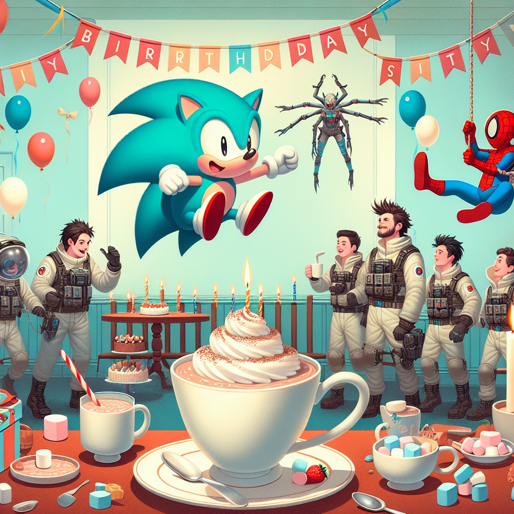 Imagine an illustration that captures a charming birthday party scene mixing sentimentality and adventure. A turquoise anthropomorphic hedgehog, reminiscent of classic video game characters, exuberantly jumps in the foreground, while a group of paranormal investigators clad in functional jumpsuits stand ready for action next to him. A red and blue-clad superhero swings in the upper corner of the canvas, crafting an intricate web pattern. Backdrop of mellow-coloured birthday decorations incorporates the scene with a table in front, filled with mugs brimming with creamy hot chocolate, topped with marshmallows and a sprinkle of cocoa, enticing the viewer to partake in the festivities.
Generated with these themes: Sonic, Ghostbusters, Spiderman, and Hot chocolate.
Made with ❤️ by AI.