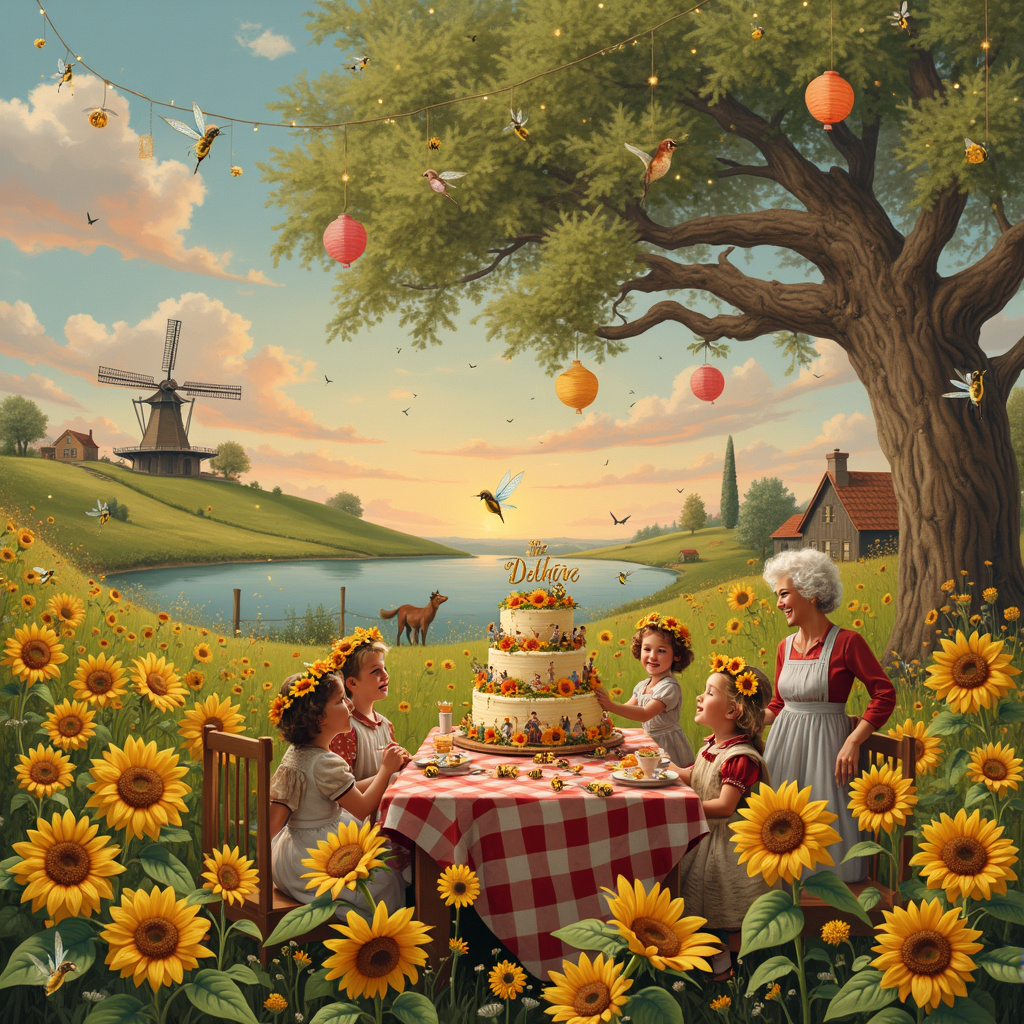 Imagine a whimsical countryside tableau inspired by a fusion of Norman Rockwell's heartwarming Americana and Beatrix Potter's detailed natural settings. In the foreground, there is a vibrant field of sunflowers, each bloom nearly the size of a dinner plate, their golden petals radiating like miniature suns. Perched on the leaves and petals are tiny bees, their wings a blur of motion as they dart from one flower to the next, their bodies dusted with pollen. 

Standing amidst this radiant sea of sunflowers is a long, rustic wooden table covered with a classic checkered tablecloth in cheerful red and white. At the center of the table is a three-tiered birthday cake adorned with fondant sunflowers and bees. Each tier of the cake represents a decade, with charming miniature figurines of family members and beloved pets circling around it, depicting scenes from the past 70 years.

Around the table, a multigenerational family gathers. The matriarch, the birthday celebrant, sits at the head of the table, wearing a sunflower crown made of both real and paper flowers. Her children, grandchildren, and great-grandchildren are scattered around, each engaged in lively conversation or laughter. The children's outfits are inspired by Beatrix Potter's quaint, old-fashioned attire, while the adults sport a more modern but timeless look.

Above the scene, a large, twisted, ancient tree with gnarled branches extends its canopy, providing shade. Its branches are adorned with fairy lights and small, colorful paper lanterns that sway gently in the breeze. Hanging from the tree and hovering around the scene are delicate dragonflies, their iridescent wings catching the light. Interspersed among them are hummingbirds, suspended in mid-air with their beaks poised to sip nectar from the sunflowers.

In the background, rolling hills dotted with quaint cottages and winding paths lead to a serene lake, reflecting the hues of a setting sun. The sky is painted in gradients of pink, orange, and purple, with fluffy clouds lazily drifting by. Distant, the silhouette of a windmill slowly turning in the gentle breeze adds a touch of rustic charm.

This scene captures a moment of celebration and unity, with every element—from the bees and hummingbirds to the multigenerational family and the radiant sunflowers—woven together to tell a story of love, joy, and the passage of time.
Generated with these themes: 70th birthday, Family, Love,  joy, Sunflowers, Bees, Hummingbirds, and Dragonflies.
Made with ❤️ by AI.