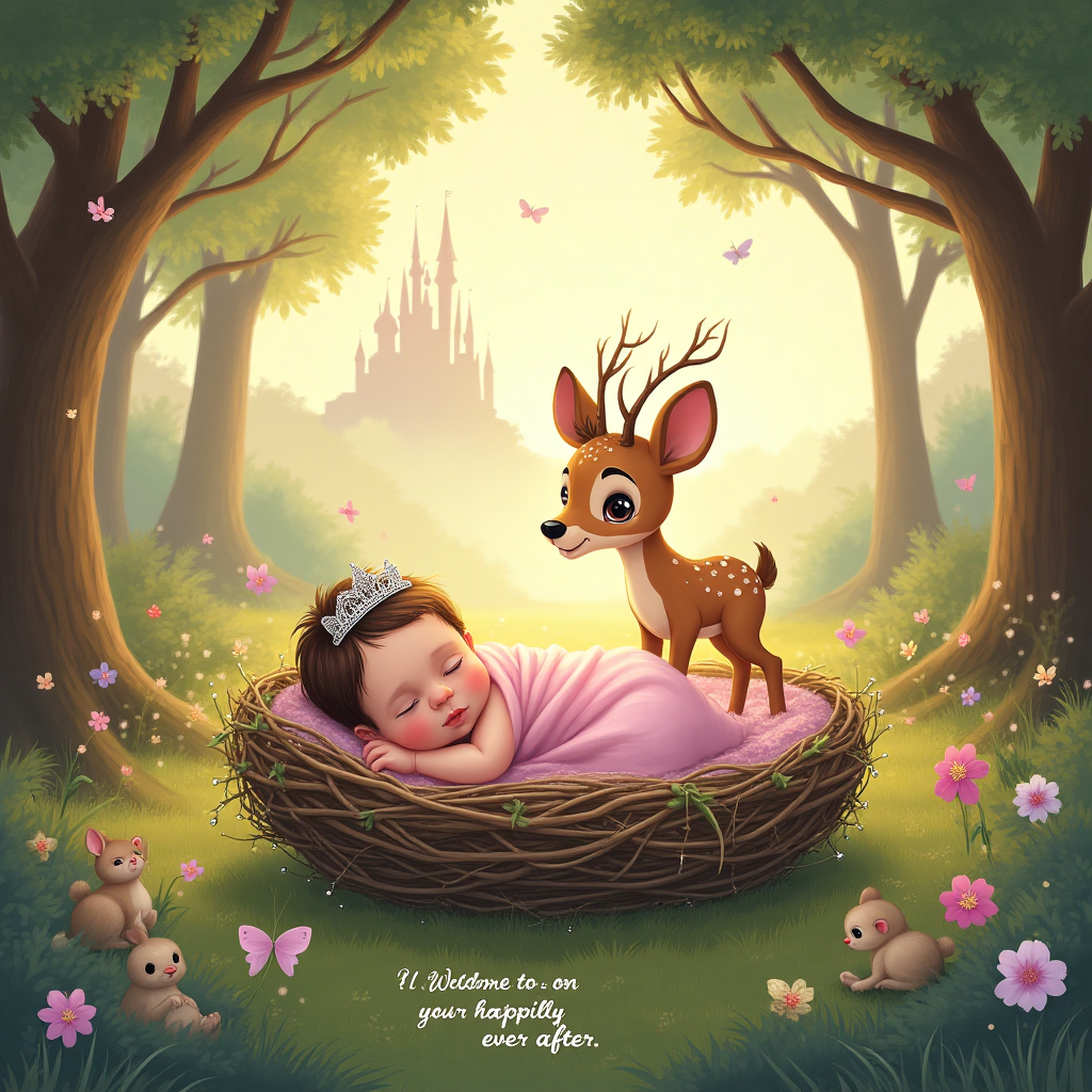 At the top of the Illustration Style image, "Congratulations Raech on the birth of your beautiful baby girl Ellroy!"

**Image Prompt:**

Create a whimsical Disney-inspired scene for a new-baby greetings card. The scene captures a magical woodland setting bathed in soft, golden light. Nestled among the enchanting trees is a cozy little nest made of twigs and leaves, delicately adorned with tiny blossoms and dewdrops. Inside the nest, a newborn baby girl sleeps peacefully, surrounded by gentle forest creatures—curious bunnies, fluttering butterflies, and chirping birds.

The baby is wrapped in a pastel pink blanket that mirrors the hues of a serene dawn sky, with a tiny, silver crown perched on her head, hinting at a fairytale royalty. Above the nest, a friendly baby deer with large, kind eyes peers down lovingly, its antlers twinkling with pixie dust. The background is filled with lush greenery and a glimpse of a majestic, distant castle silhouetted against a dreamy horizon.

Below the scene, a small caption in playful, handwritten style reads, "Welcome to your happily ever after!"
Generated with these themes: Disney, and .
Made with ❤️ by AI.