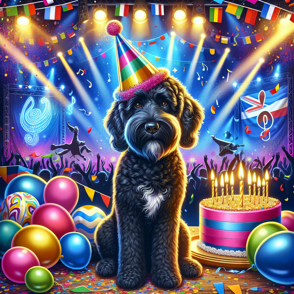 Create a vivid illustration depicting a lively birthday celebration where a delightful black Goldendoodle dog is the main attraction, wearing a multi-colored party hat. The background is festooned with dynamic decorations themed around the Eurovision genre, featuring musical notes, miniature flags of various nations, and a spotlight-lit stage. The scene is made more festive with the presence of balloons and confetti around. A birthday cake with flickering candles, symbolizing the unique event, completes the scene.
Generated with these themes: Black Goldendoodle dog , and Eurovision .
Made with ❤️ by AI.