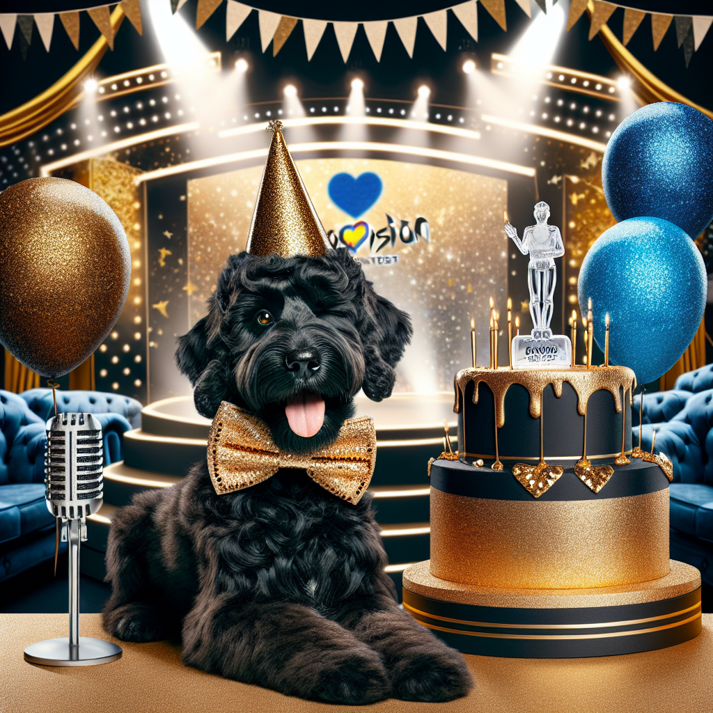 Create a loving and cheerful birthday illustration image. The setting is inspired by the Eurovision Song Contest. The main focus of the scene is a playful black Goldendoodle wearing a sparkling bow tie, and winking at the viewer. Nearby are significant elements referencing the Eurovision Song Contest: a microphone and a shiny trophy. The color palette encompasses a rich and sophisticated blend of black, gold, and a touch of Eurovision blue. The scene is made more festive by a grand birthday cake designed in the likeness of a Eurovision stage.
Generated with these themes: Black Goldendoodle dog , and Eurovision .
Made with ❤️ by AI.
