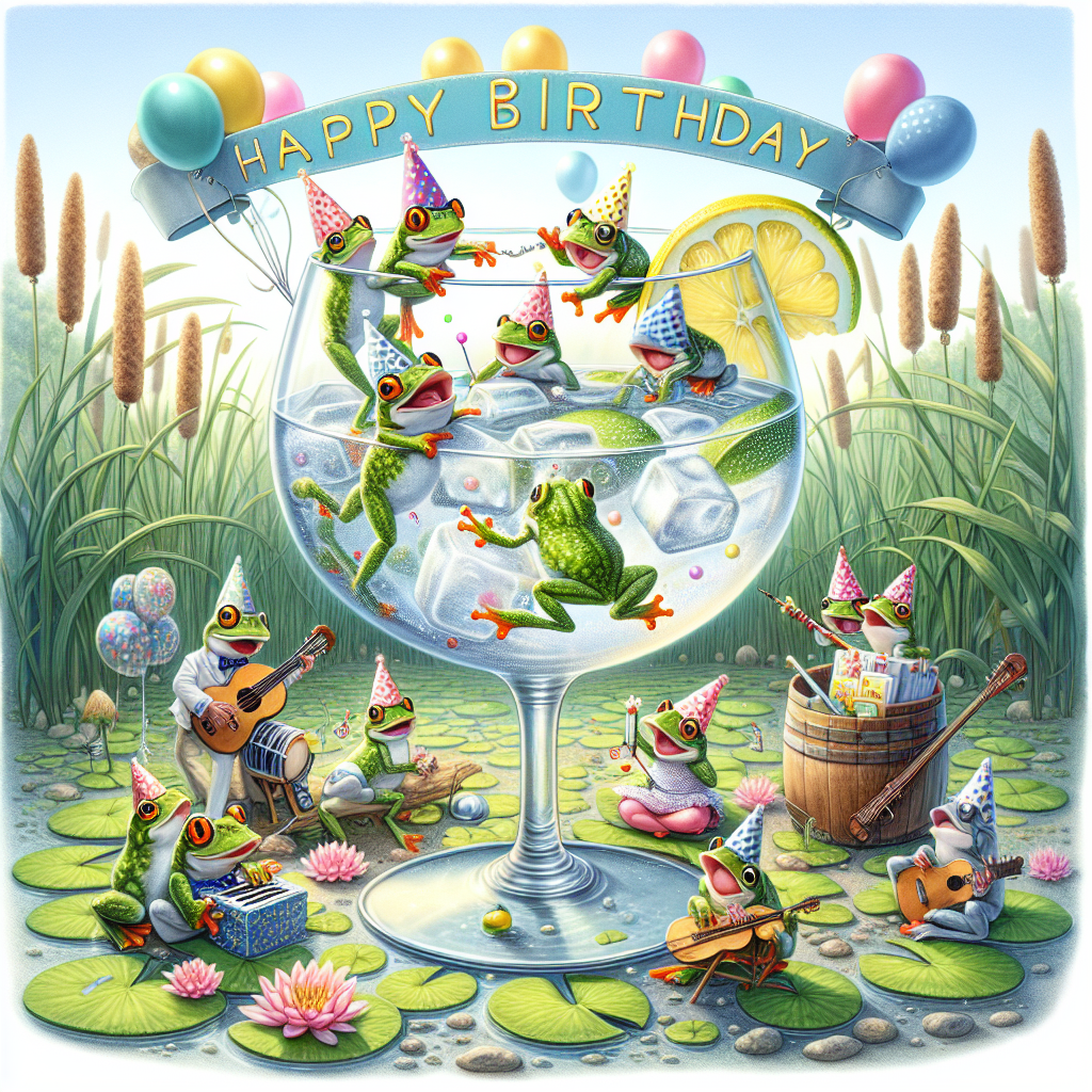Create an image depicting a birthday-themed garden scene. In the middle of the scene, imagine a giant gin and tonic glass, filled with ice cubes and garnished with a twist of lemon. Around this glass, visualize a group of adorable frogs, each wearing a polka dot party hat. Some of these frogs are happily playing various musical instruments, while others are singing passionately. Rising from the gin and tonic are balloons that resemble bubbles. A banner with the words 'Happy Birthday' is draped across the top. Set this delightful birthday party against a background of floating lily pads and tall reeds.
Generated with these themes: Frogs , and Gin and tonic .
Made with ❤️ by AI.