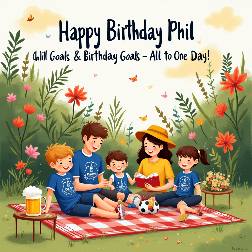 At the top of the Illustration Style image, the text reads: "Happy Birthday Phil."

**Image Prompt:**

In a charming, hand-drawn illustration style, depict a warm and delightful garden scene capturing the essence of a joyful birthday celebration. 

In the garden, an Everton FC-themed picnic blanket is spread across the grass. Surrounding the blanket is a cheerful family scene: Phil's wife, son, and daughter are there, each involved in relaxed activities. The wife lounges with a book, her Everton FC hat shading her eyes. The son, wearing an Everton FC jersey, is gently kicking a football with the daughter, who is giggling in a sunny, carefree moment.

Off to the side, a small table holds a frosty mug of beer with a blue and white Everton FC coaster beneath it, suggesting Phil's favorite team and drink. The lush garden is adorned with vivid flowers and fluttering butterflies, enhancing the illustration's cute and inviting atmosphere.

Above this heartwarming family scene, nestled within the gentle outlines of fluffy clouds, is the playful text: "Chill Goals & Birthday Goals – All in One Day!" in a whimsical, handwritten font. The color palette of warm, expressive hues adds to the overall festive and cozy vibe of the birthday card image.
Generated with these themes: Everton FC, chilling, garden, wife, son, daughter, beer, and .
Made with ❤️ by AI.