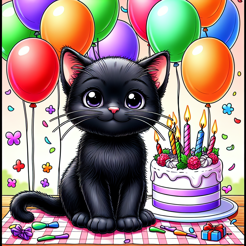 Generate a lively animation scene in which a cheerful and adorable kitten, with a coat as black as the night, is sitting amidst a festive birthday setting. The breed of the cat is not specified, and it possesses a regular physique. It is surrounded by a multitude of colorful balloons and a beautifully decorated birthday cake positioned on the table. Although the kitten's eyes are not elaborately detailed, the vivacity of its black fur coupled with its energetic presence contributes to the heartwarming aesthetic of this hand-drawn cartoon birthday celebration.
.
Made with ❤️ by AI.