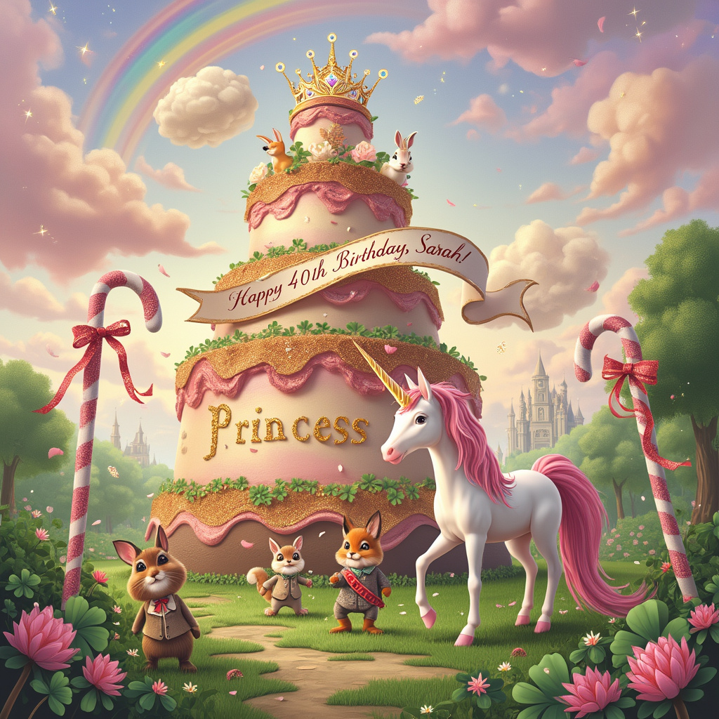 The scene is set in a fantastical garden where whimsy reigns supreme. The sky, painted in gradient shades of soft pink and lavender, is sprinkled with glittering sparkles that catch the light like tiny diamonds. Shamrocks, oversized and with a luminous glow, dot the lush green landscape. 

At the center of this surreal setting stands an enormous, ornately decorated birthday cake, towering like a whimsical castle with turrets and flags. The cake layers are alternating shades of pink and gold, with cascading frosting that glistens as though embedded with tiny jewels. Perched at the very top of the cake is a delicate tiara encrusted with more sparkling gems, signifying the princess theme. 

A group of cheerful woodland creatures, reminiscent of Beatrix Potter’s delightful characters, are gathered around the base of the cake, celebrating. A rabbit in a tiny waistcoat and a fox with a bowtie hold a long, flowing banner that reads, "Happy 40th Birthday, Sarah!" in elegant, curly script. This banner is draped between two tall candy canes adorned with glittery pink ribbons.

Above the cake, in the sky, fluffy clouds have taken on a whimsical form. Some clouds spell out "Sarah" in loopy, playful lettering, while others form shapes of crowns and shamrocks, adding an extra layer of magic to the scene. 

Nearby, a majestic unicorn with a shimmering pink mane and a sparkling golden horn stands gracefully on a patch of shamrock-strewn grass. The unicorn wears a sash that reads "Princess" in glittering letters, making it clear that Sarah is the princess of this fantastical celebration.

Surrounding the cake and unicorn are flowering bushes and trees, each blossom shimmering with a dusting of glitter. The flowers are not just pink but also in various shades of pastel, creating a dreamlike ambiance.

Finally, in the background, a rainbow arches across the sky, its colors more vibrant than in the real world, as though plucked straight from a fairy tale. Beneath this rainbow, the distant silhouette of an enchanted castle can be seen, its turrets and flags waving softly in the magical breeze.

This surreal birthday scene is bursting with details, each element combining to celebrate Sarah's 40th birthday in the most enchanting way possible.
Generated with these themes: Pink , Glitter sparkles , Shamrocks , 40th birthday , and Princess.
Made with ❤️ by AI.