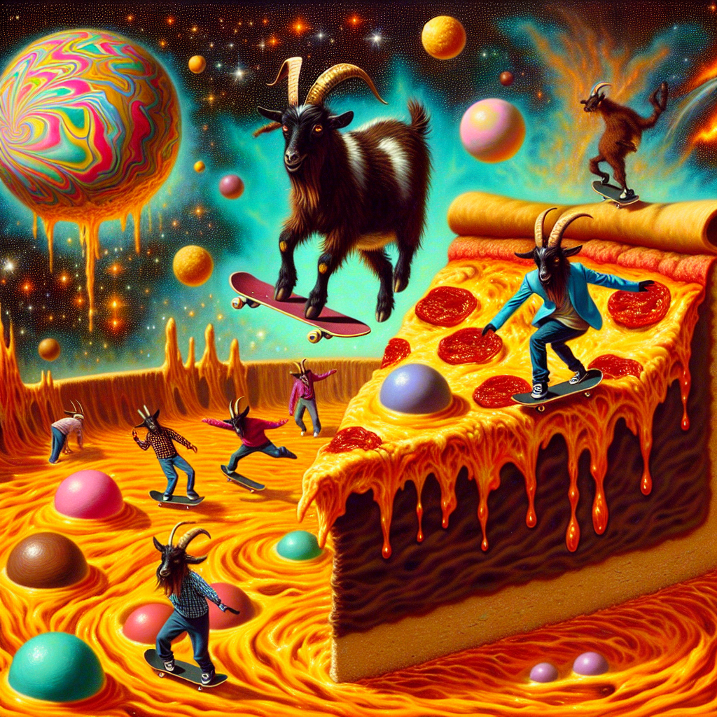 Imagine an abstract universe where a birthday party is set on a massive skateboard ramp made from an enormous, hellish slice of pizza. Unusual goats skate over pools of molten chocolate, performing tricks like ollies and kickflips. The atmosphere is thick with the scent of baking dough, while globules of chocolate seem to defy gravity, circling around the grinning, demon-like goats. In the heavens, strange, artistic formations resembling celestial bodies dot the sky, adding an odd yet artistic feel to the cosmic scene.
Generated with these themes: Pizza, Skateboarding, Chocolate , Devil , Goats, and Boobs.
Made with ❤️ by AI.