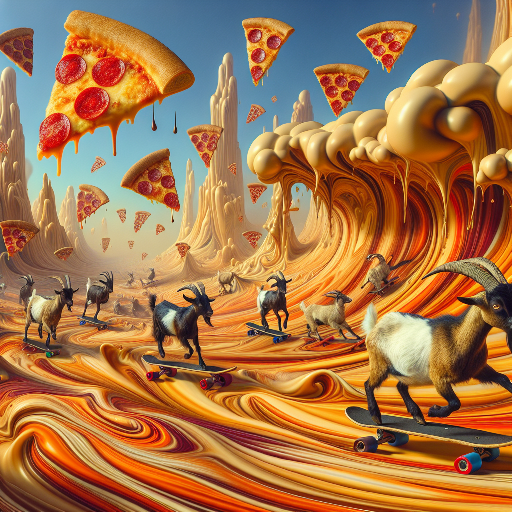 A dreamscape panorama takes over the scene, where the sky transforms into a torrent of liquefied chocolate, establishing the background for this hallucinatory birthday theme. Pizzas with pepperoni as wheels hover like unidentified flying objects, merrily pursued by goats with devil horns on skateboards, skimming along the contours of skewed dimensions. Amid this unusual milieu, curvaceous clouds with a shape reminiscent of the female form hover above, adding a strange charm to the festive pandemonium.
Generated with these themes: Pizza, Skateboarding, Chocolate , Devil , Goats, and Boobs.
Made with ❤️ by AI.