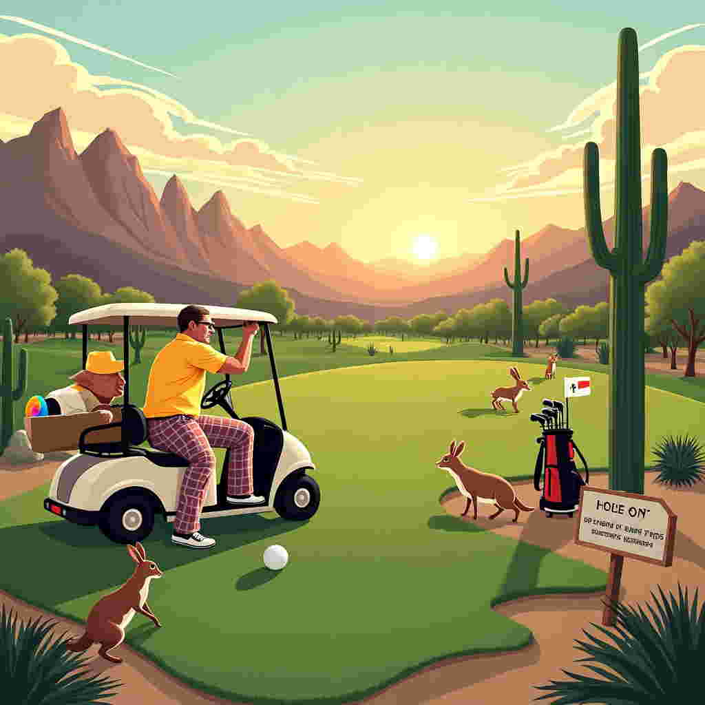 Picture this: a sprawling PGA golf course under the soft embrace of the early morning light. In the foreground, a pair of sleepy-eyed golfers, dressed in slightly mismatched outfits, are preparing to tee off. The first golfer, wearing a bright yellow polo and plaid pants, is lining up a swing, oblivious to the comically oversized cup of coffee precariously balanced on the edge of the golf cart next to him. His partner, sporting an ill-fitting sunhat and a rainbow-colored glove, is peering through binoculars in the wrong direction, mistaking a cluster of cacti for a spectator crowd.

The sun is beginning to peek over the horizon, casting an amber glow across the desert mountains in the background. These majestic formations appear almost surreal, their peaks poking into a sky painted in shades of orange and pink. A solitary saguaro cactus stands on the edge of the green, its spiky arms stretched wide as if trying to mimic the golfers' poses.

In the background, a family of jackrabbits, intrigued by the early morning commotion, hops along the sand traps, their ears twitching at every sound. A mischievous desert fox peeks out from behind a rock, eyeing the golfers' unattended snacks with gleaming eyes.

Scattered around the scene are various quirky golf paraphernalia—a golf bag with club heads shaped like desert critters, a flag fluttering atop a giant cactus, and a whimsical signpost reading "Hole 1: Beware of Sand Traps and Cacti Hugs!" Each detail adds to the tapestry of a morning full of potential, laughter, and the promise of an unforgettable round of golf.
Generated with these themes: PGA golf course, Early morning light waiting to tee off, and Sun rising against the background of desert mountains.
Made with ❤️ by AI.