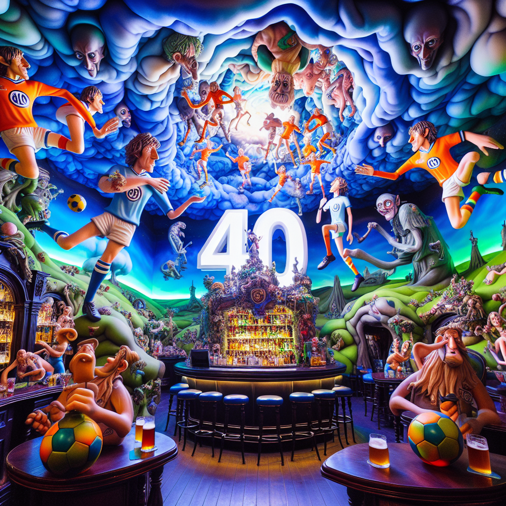 Step into a pub that serves as a gateway to a whimsical wonderland defying the boundaries of reality. Observe playful, imaginative characters in soccer jerseys, having clearly taken a detour from a cartoon universe, dancing around joyfully. Surrounding them is an interior painted with ethereal landscapes that seem to defy gravity. Overlooking the bar area stands a massive figure 40, constructed entirely from comical, cartoon-style balloon sculptures. The bar serves an array of wonderful, frothy beers straight out of a fantasy tale. The whole scene is bathed in a supernatural glow, turning this 40th birthday celebration into an extraordinary blend of surreal visuals, passion for sports, and festive revelries.
Generated with these themes: inventation 40th birthday party pub with soccer theme and beer.
Made with ❤️ by AI.