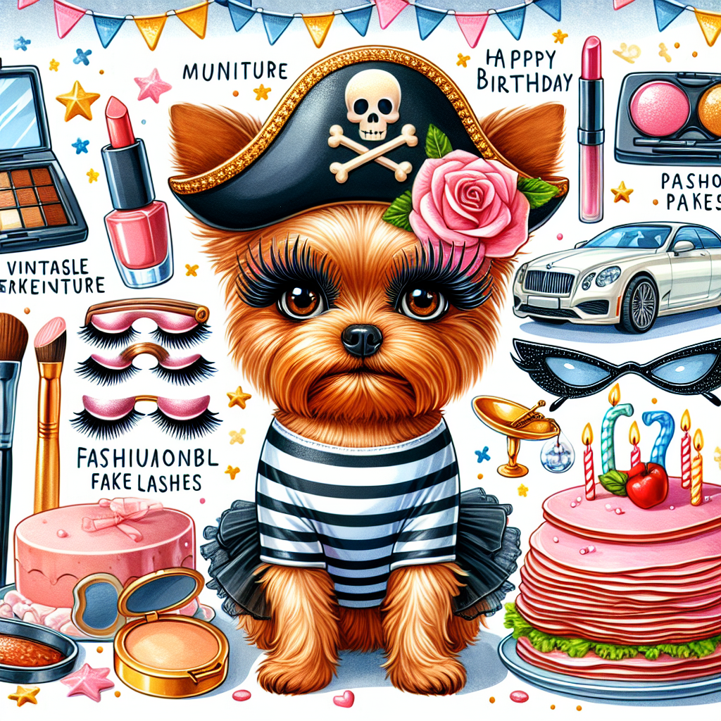 Create an illustration of a lively birthday party, with a small brown dog at the center. The dog dons an outfit inspired by pirate attire, making it resemble vintage nautical adventurers while having oversized lashes resembling fashionable fake lashes. The dog is surrounded by an array of makeup products and fashionable clothing depicting party ambiance. The environment should also have a mouth-watering sliced ham platter. Background should feature a classy white car completing the festive birthday mood.
Generated with these themes: Small brown dog , Lashes , Fake lashes , Pirates of the Caribbean   , Disney , Makeup , Clothes , Sliced ham , and White car .
Made with ❤️ by AI.