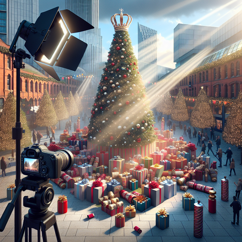 Set in the bustling heart of Manchester's Media City, this delightful Christmas illustration captures a scene around a gigantic Christmas tree, its branches hung with elegant crown decorations. Surrounding the tree, a collection of brightly wrapped presents eagerly awaits, and Christmas crackers lie in wait for their festive pop. Cameras stand ready to record the seasonal joy, while tranquil sunbeams peek through, illuminating the scene with a touch of heavenly glow.
Generated with these themes: Giant christmas tree with crown decorations on it, Presents, Manchester, Media city, Cameras, Christmas crackers, and Sunbeams.
Made with ❤️ by AI.