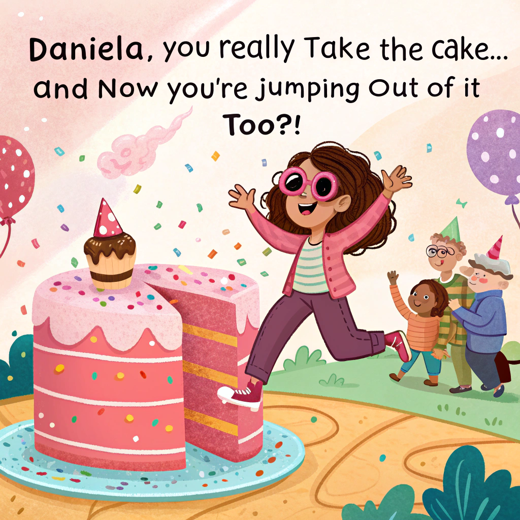 At the top of the image, "Daniela, you really *take the cake*… and now you're jumping out of it too?!"

- In the center of the image, illustrate a giant pink-frosted birthday cake with multicolored sprinkles, dramatically split down the middle as Daniela (cartoon-style with party shades, confetti cannon in one hand, and a cheeky grin) is leaping out of the top.  
- A startled group of party guests surrounds the cake, including a grandma nearly dropping her cupcake, a dog in a party hat barking in surprise, and balloons floating away in the commotion.  
- Add a banner strung in the background reading, “Official Party Crash Zone!”
Generated with these themes: Jumping out of birthday cake.
Made with ❤️ by AI.