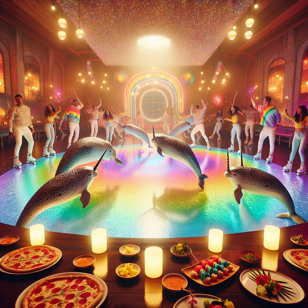 Envision a fantastical birthday celebration that delicately merges typical elements with those of mythical nature, crafting a surreal yet lifelike ambience. In the heart of a snug room bathed in warm, soft light, a group of narwhals elegantly glide over a skating rink composed of shimmering rainbows. These rainbows project a kaleidoscope of intensive hues onto the surroundings. Encircling this spectacle, individuals donned in trendy urban attire perform rhythmic hip hop dance movements, swaying in sync with a relaxed musical beat. Sprinkled aesthetically across polished wooden tables are dishes filled with piping hot pizza and attractively arranged sushi, providing an appealing amalgamation of tastes pleasing to all.
Generated with these themes: Narwhals, Pizza, Rainbows, Sushi, Hip hop dancing, and Cosy.
Made with ❤️ by AI.