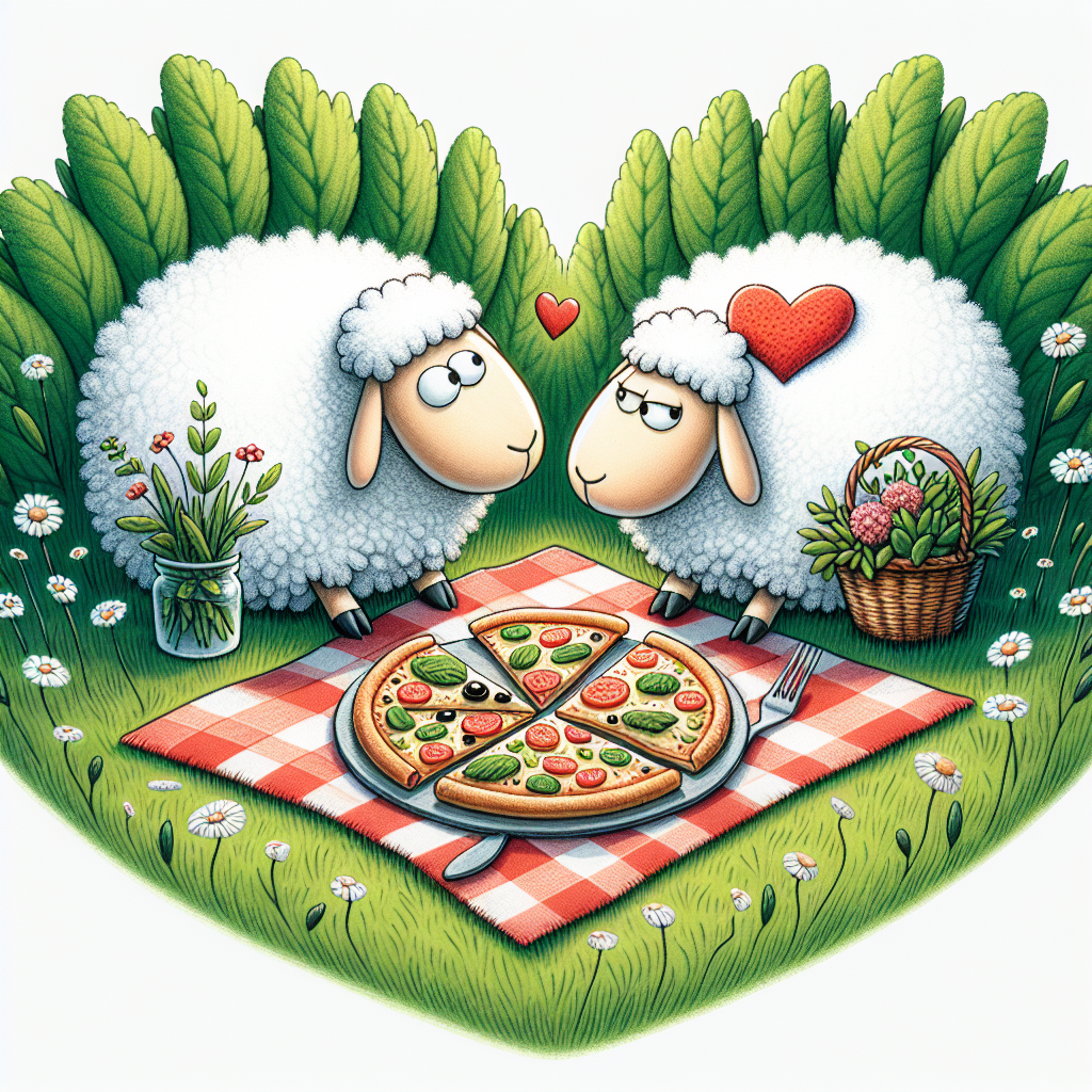 Depict a whimsical scene presenting the essence of an anniversary. The central characters are two sheep, both distinct with a patch of wool on their body shaped like a heart, exchanging a fond glance. They are set in the middle of a lush meadow, a nod to the nurturing embrace of nature. In between them, a picnic blanket is spread out, and it bears an array of different pizza slices. This unusual choice stands as a cozy and humorous detail, marking the celebration of their affection.
Generated with these themes: Sheep, Pizza, and Nature.
Made with ❤️ by AI.