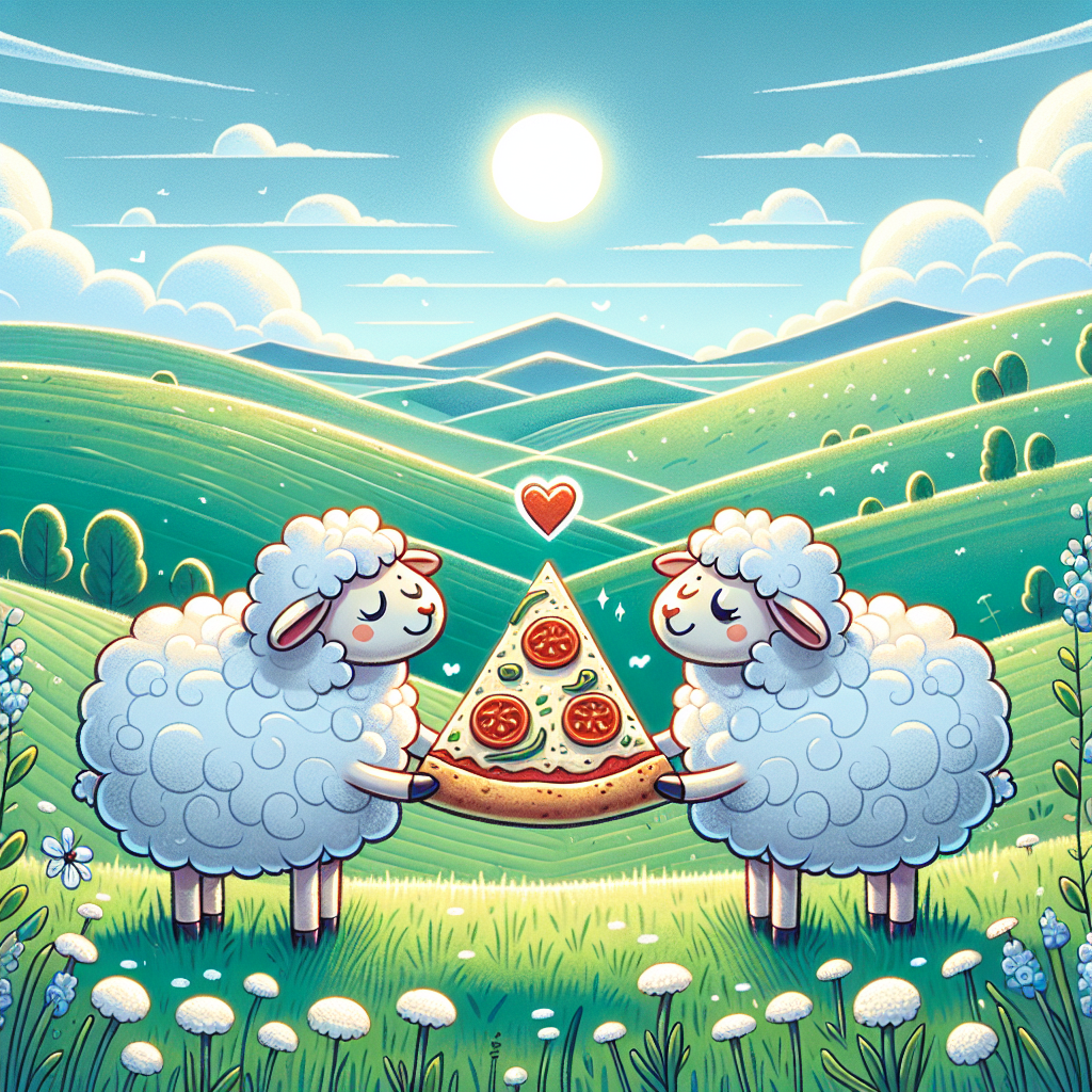 Create a playful and heartwarming illustration that captures the essence of a special anniversary. The image should feature two cartoon-style sheep with pure white wool, standing against a scenic backdrop of rolling green hills under a clear blue sky. The sheep are engaged in sharing a slice of pizza with a single pepperoni in the shape of a heart on top, subtly combining themes of love, food, and the serenity of nature in a single depiction, thus making it an ideal image for celebrating an important event.
Generated with these themes: Sheep, Pizza, and Nature.
Made with ❤️ by AI.