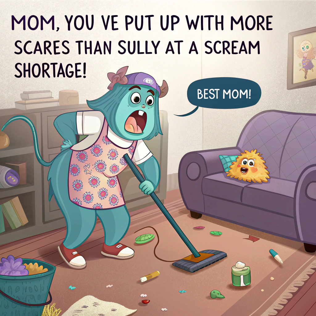 At the top of the image, "Mom, you’ve put up with more scares than Sully at a scream shortage!"

– In the center of the image, illustrate a hilariously flustered Sully (from Monsters Inc.) wearing a floral apron and fuzzy slippers, frantically trying to vacuum a chaotic living room littered with toys, laundry, spilled cereal, and googly-eyed sock monsters hiding behind the couch.  
– His usual roar is replaced by a wide-eyed panic as he dodges a flying sippy cup.  
– Boo’s drawing of "Best Mom!" is taped proudly to the fridge in the background.  
– Include humorous little details like Sully holding a parenting manual titled “Roaring Through Motherhood” and a sticky note on his head that says “Don’t forget hugs!”.  
– The palette should be bright and cheerful, with pops of pink and purple.  
– Style: Whimsical and cartoonish, with exaggerated expressions and motion lines for added humor.
Generated with these themes: Sully from monsters inc.
Made with ❤️ by AI.