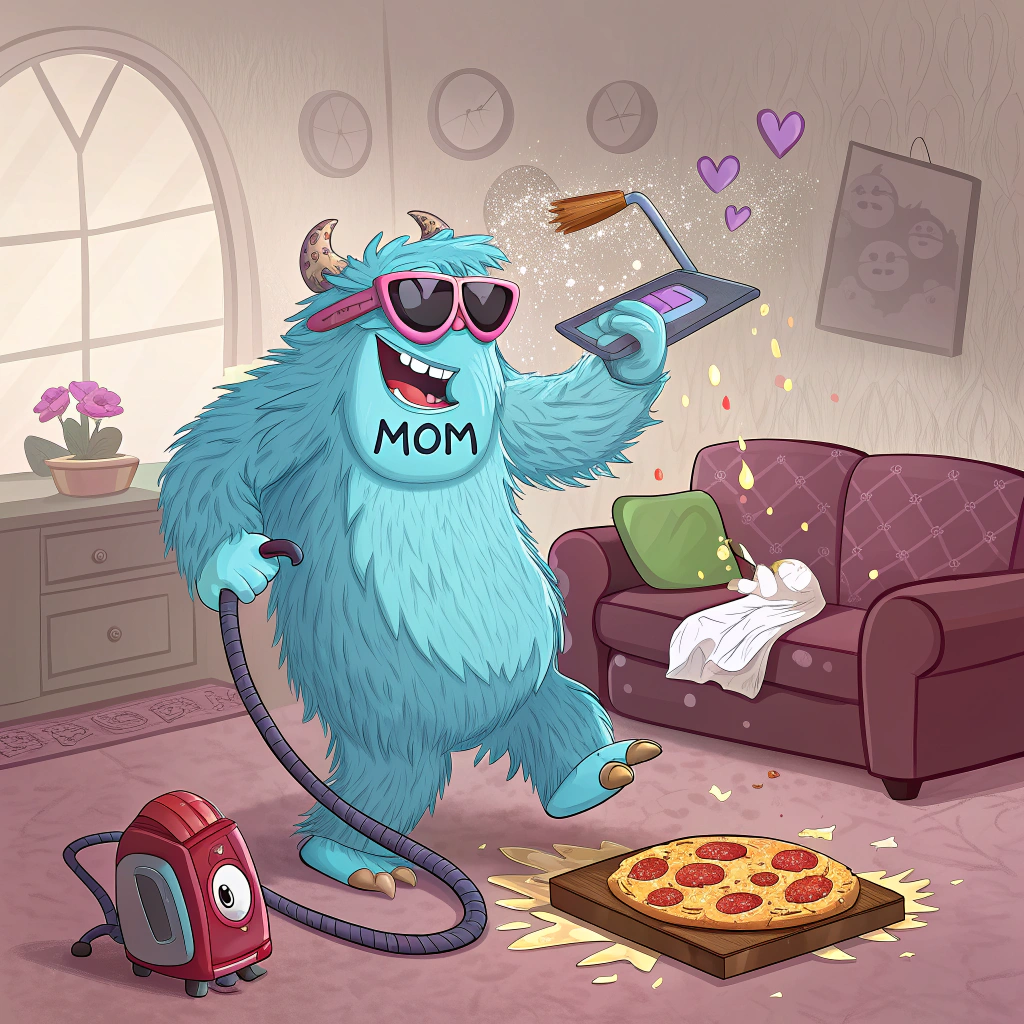At the top of the image, "Mom, You Scare Up Love Better Than Sully on a Monday!"

- Illustrate a funny cartoon scene where Sully (a big fuzzy blue monster inspired by Monsters, Inc., but with original touches for parody) is frantically tidying a wildly messy living room. He’s holding a vacuum in one hand, wearing pink heart-shaped sunglasses, and balancing a burnt breakfast tray labeled “#1 Mom” in the other.

- Around him are humorous monster-kid chaos moments: tiny monster sock-puppets bouncing off furniture, spaghetti dripping from the ceiling, and one suspicious monster-child sticking crayons in a wall socket with wide eyes.

- Include cute monster-themed hearts floating through the air, and a big, silly Mother's Day card on the table that reads, "Even Monsters Need Their Mom!"  

- Bright pastel tones with bold cartoon line work to keep the scene joyful and hilarious.
Generated with these themes: Sully from monsters inc.
Made with ❤️ by AI.